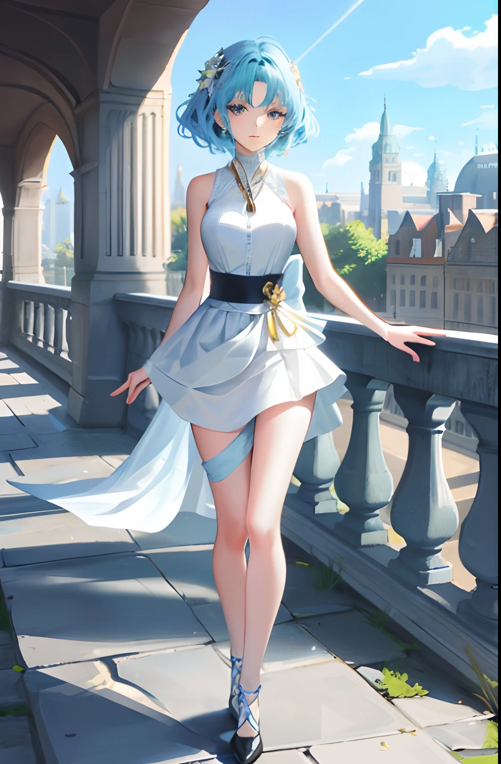 (Masterpiece level,Complicated details,Ultra-high sharpness,best qualtiy,Ultra HD quality),Detailed shadows,Fantastical Atmosphere,localized light,A pure and beautiful girl,Personal introduction,Delicate and detailed face and eyes,True skin fit,Beautiful outfit,High waist and slim leg line,tempting pose,Balcony background,view over city,(The sleeveless T-shirt is the top,Full body presentation)