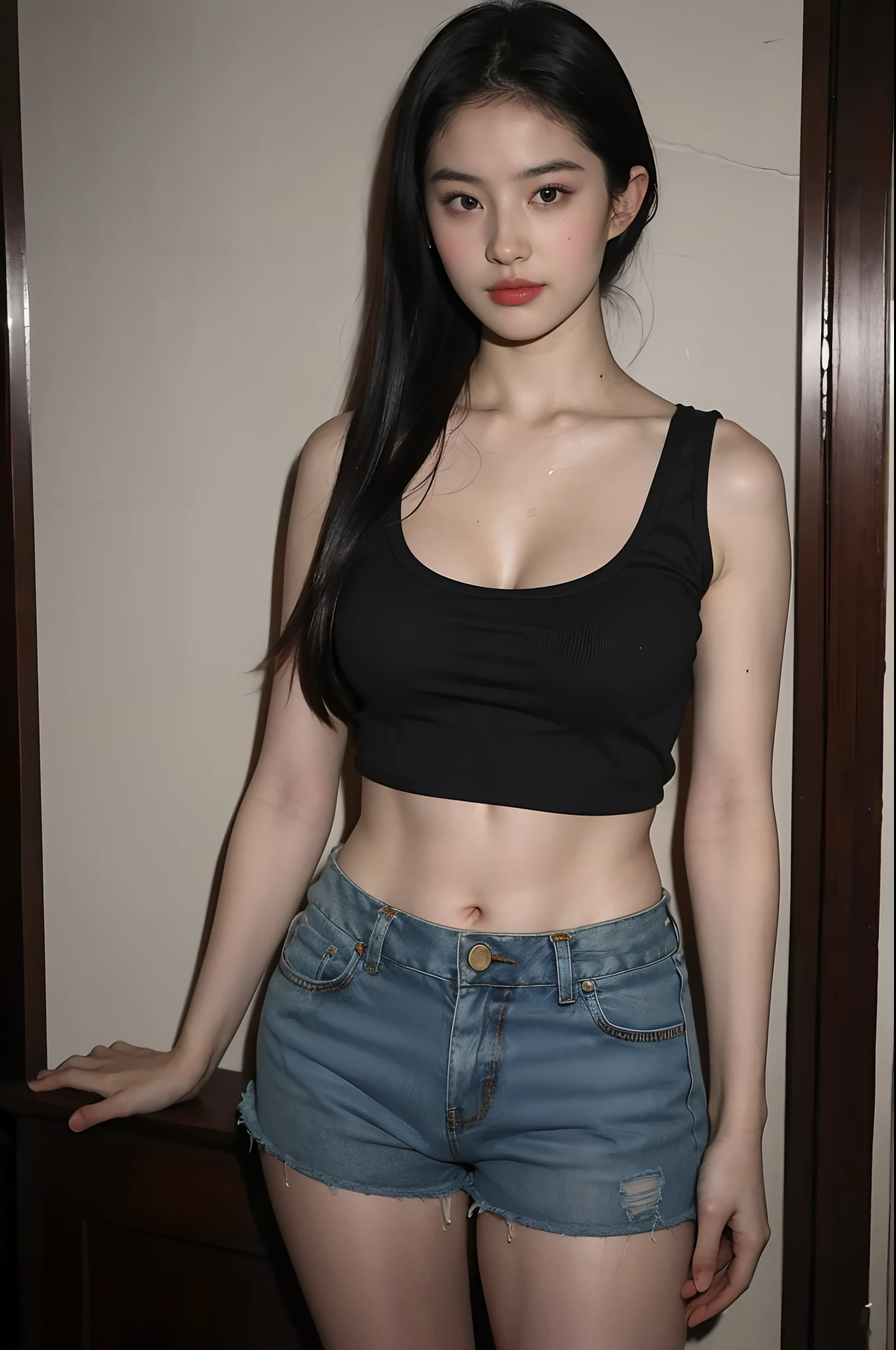 (solo), (detailed RAW full body shot of a girl), (masterpiece:1.0), (top quality:1.4), (ultra highres:1.2), (photorealistic:1.4), 8k resolution, Canon EOS R5, 30mm , absurd, highly detailed, (18 years old), sharp focus, cinematic lighting, beautiful facial details, (no make up:1,2), beautiful slim figure, detailed skin texture, big boobs, (slim and fit body :1, 6 ), brown hair detail, sexy, (very long hair:1,5), (t-shirt and ripped shorts:1,5), realistic shiny skin, (sweaty:1,2), detailed texture, (big boobs :1 ,2), posing style, (full body:1,5), moist, woman tight brown jersey outfit, freestyle