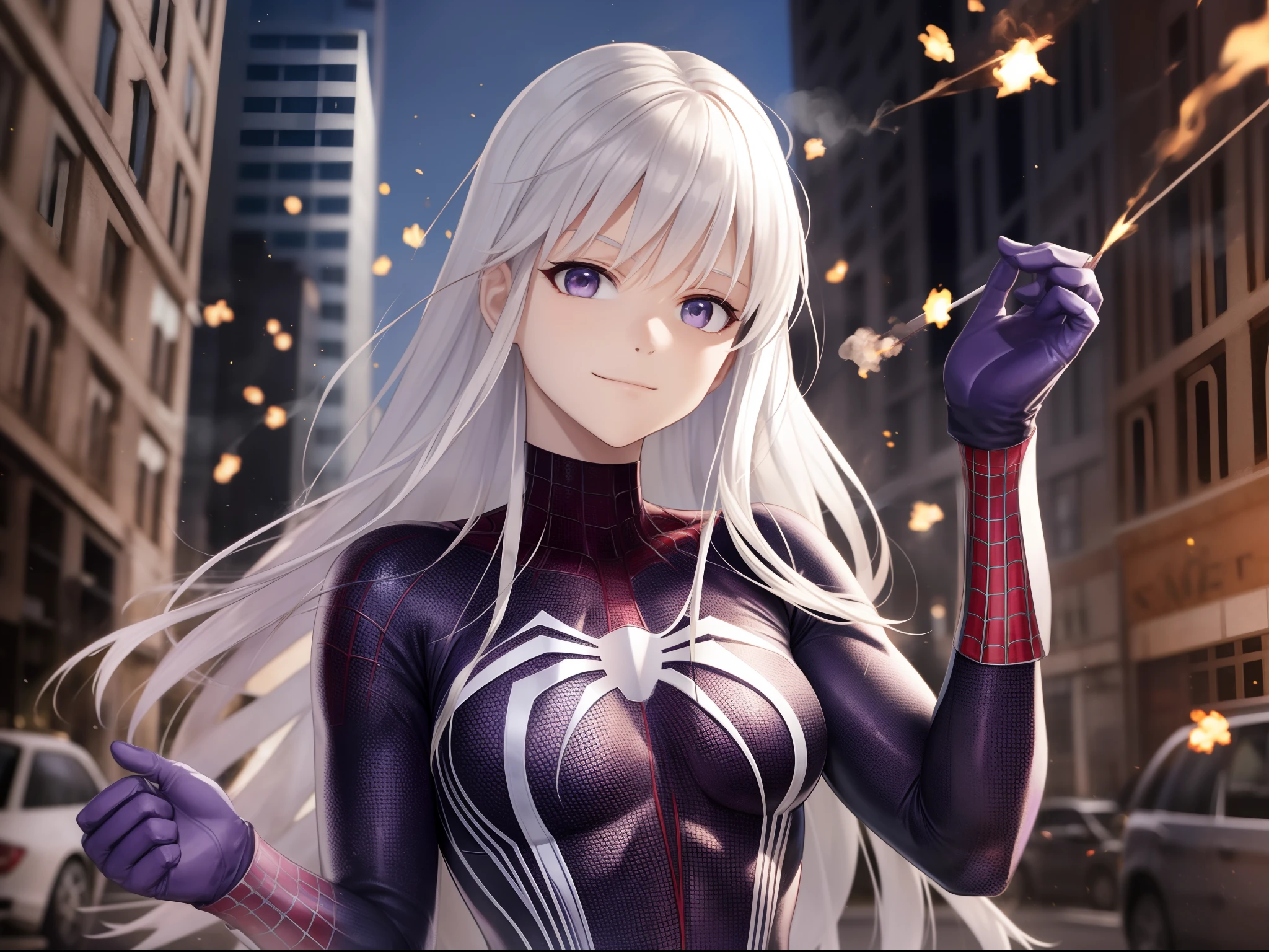 Enterprise in detailed Spider-Man costume,medium breasts,superhero pose,standing in ruined city,smoke,sparks,(8k),scratches,close-up,detailed face,white hair,purple eyes,long hair,embarassed,small smile face,