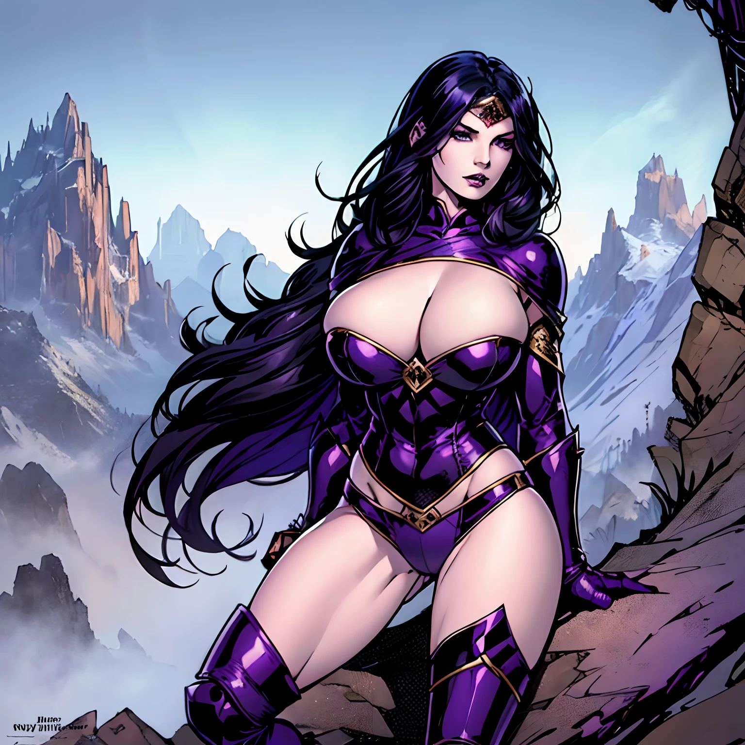 (masterpiece, top quality, best quality, official art, beautiful and aesthetic:1.2), (1girl:1.3), ((long black hair)), (((pale purple skin, pale blue skin, blue skin, purple skin))), black makeup, extremely detailed, portrait, looking at viewer, solo, (full body:0.6), detailed background, close up, (cold night mountain theme:1.1), dark elf war dancer, charlatan, smirk, mysterious, swaying in mountains, skimpy attire, revealing gladiatrix costume, gold bikini, cowl, metal bikini, long boots, dual knives, violet fabric, black leather, gigantic breasts, cleavage, skindentation, slim waist, slim hips, long legs, medieval (mountain exterior:1.1) background, dark mysterious lighting, shadows, magical atmosphere, dutch angle, (((Balsamique)))