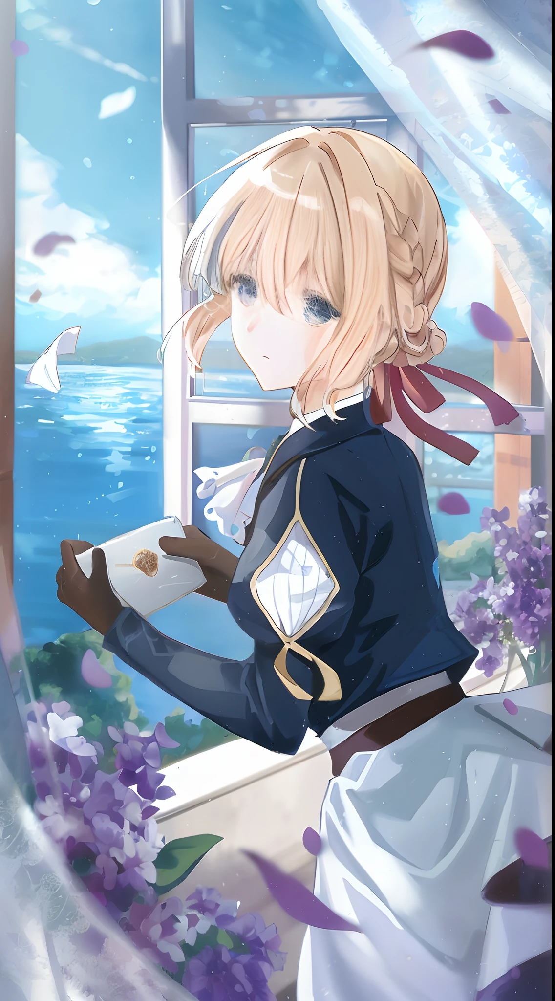 Anime girl sitting on windowsill reading a book, Violet Evergarden, Artoria Pendragon, anime style like fate/stay night, inspired by Li Chevalier, anime visual of a cute girl, Marin Kitagawa fanart, Splash art anime , drawn in anime painter studio, a beautiful anime portrait, Key anime art, zerochan art, Official illustration