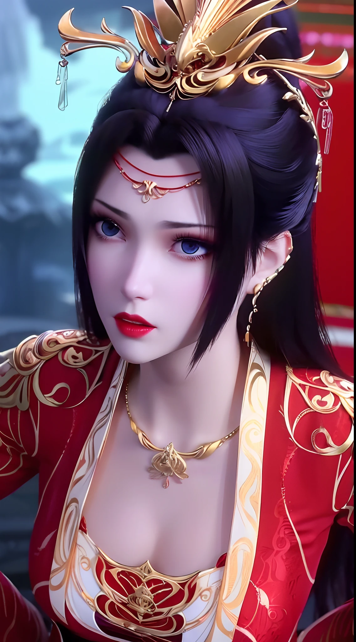 1 beautiful girl in a red costume, thin red silk shirt with many yellow motifs, black lace top, long hair dyed black, beautiful hair jewelry, pretty face pretty and cute, perfect face, earring jewelry, head and hair jewelry, antique jewelry, light blue eyes, sharp eye makeup, meticulous makeup eyelashes, thin eyebrows, nose tall, pretty red lips, no smile, pursed lips, rosy cheeks, breast augmentation, wide breasts, big breasts, well-proportioned breasts, slim waist, red mesh stockings with black lace, Chinese hanfu style, fictional art patterns, colors vivid and realistic, RAW photos, realistic photos, ultra-high quality 8k surreal photos, cool photos, (virtual lighting effects: 1.8), 10x pixels, magic effects (background): 1.8), super detailed eyes, beautiful girl body portrait, girl alone, ancient hanfu background, looking directly at the audience, wide original photo, 8k quality, super sharp, detailed and clear picture best, detailed light background,