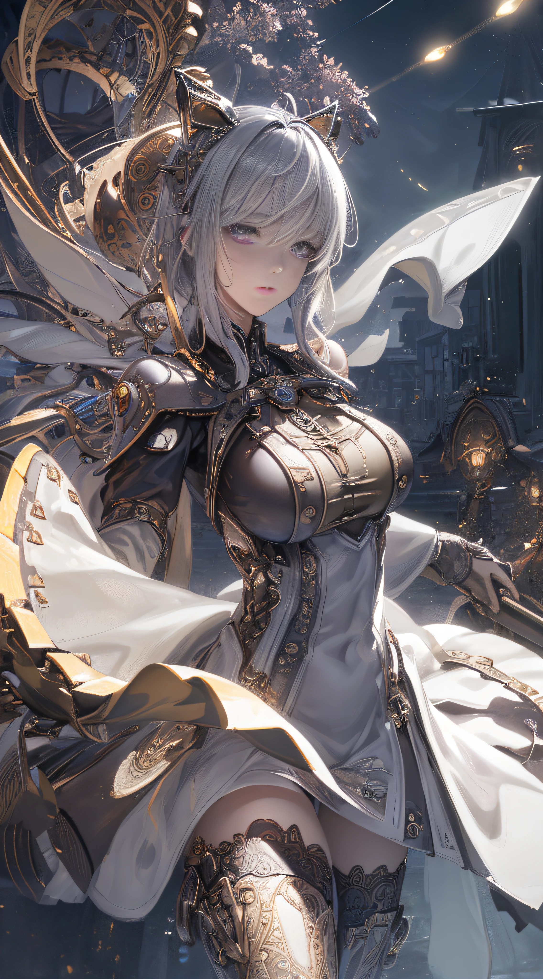 Wizard girl. 1 Infinity Mage Girl, 14 years old,
(((masterpiece, best quality, raw photo, photorealistic, ((detailed face, very precise eyes)), very thin long legs, lace over-the-knee stockings, beautiful girl, cute, short hair, depth of field, ultra-detailed, finely detail, Extremely detailed, extremely detailed eyes and face, sharp pupils, realistic pupils, sharp focus, cinematic lighting)), mechanical magic weapons, dynamic action poses, invoking magic, steampunk headgear, fluttering lace flared miniskirts, off-shoulder fashion with a fusion of detailed and complex steampunk and detailed gothic lolita, Upward and beautiful small breasts, clean long silver hair, long vertical curly, silver hair, wind-driven, future complex steampunk factory background, infinite dark universe, flying celestial bodies, countless celestial bodies raining down from heaven neon lights,
