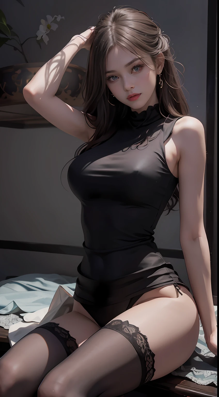 Best quality, masterpiece level, intricate details, high-precision graphics, ultra-HD quality, detailed shadows, fantastic atmosphere, dark background, shadow effect, local light, a pure beauty girl, personal solo display, exquisite and detailed face and eyes, real skin fit, black and white contrast scheme, high waist and slender leg line, shorts with stockings, (sleeveless T-shirt for top, full body presentation),