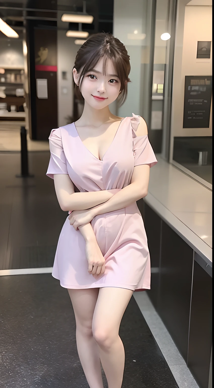 (Realistic:1.3), In detail, quality, Rembrandt Lighting, (masterpiece:1.2), (photoRealistic:1.2), (best quality), (Detailed skin:1.3), (Intricate details), dramatic, Ray Tracing,One girl, , Great photos with beautiful saturation, Ultra-high resolution,(Realistic:1.4)),(highest quality, masterpiece), Deep Shadow, Pale skin, shade, Very detailed, Breaking Depth of Field, Film Grain, Wrinkled skin,, masterpiece,ultra Realistic,32k,Very detailed CG Unity 8k wallpaper、(Wearing a pink short-sleeved jacket uniform and a gray culottes and miniskirt uniform20A female flight attendant around age), Big Breasts、A proper woman, Beautiful Face, smile、Dark brown hair, (Long hair down to the legs),Tie your hair with a rubber band、 (Pink short-sleeved jacket uniform:1.1, shirt:1.05, Gray culottes and miniskirt uniform:1.1)、 (Black round cap for women)、pantyhose、pumps, Perfect slim body:1.1, Detailed skin texture, Beautiful Eyes, (Attractive look:1.2), (Background of the station platform, Bright lighting),Full Body Shot、Thin legs、Beautiful standing posture、((Fine hand:2.0)),((Harmonious body proportions:1.5)),((Normal limbs:2.0)),((Normal finger:2.0)),((Delicate eyes:2.0)),((Normal eyes:2.0))