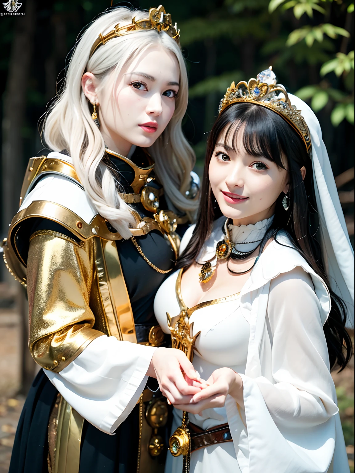 (masutepiece), Professional , masterpiece、top-quality、photos realistic , depth of fields (Gemstone Silver Metal Body:1.9),(Matte White、Jewel Gold Weapon(Jewel Metal Body:1.4),Gorgeous metal weapons , Detailed Sword of the Brave , Beautiful knife ,warhammer 40k , adepta sororitas,Detail and ornate jewel crown、Black hair、Gangle's forest background、Beautiful Caucasian beauty、1a person、dynamic ungle,(((Detailed and ornate diamond crown)))、Smaller head、A smile、Take a sexy pose、Background inside the castle、Thin and beautiful female hands、