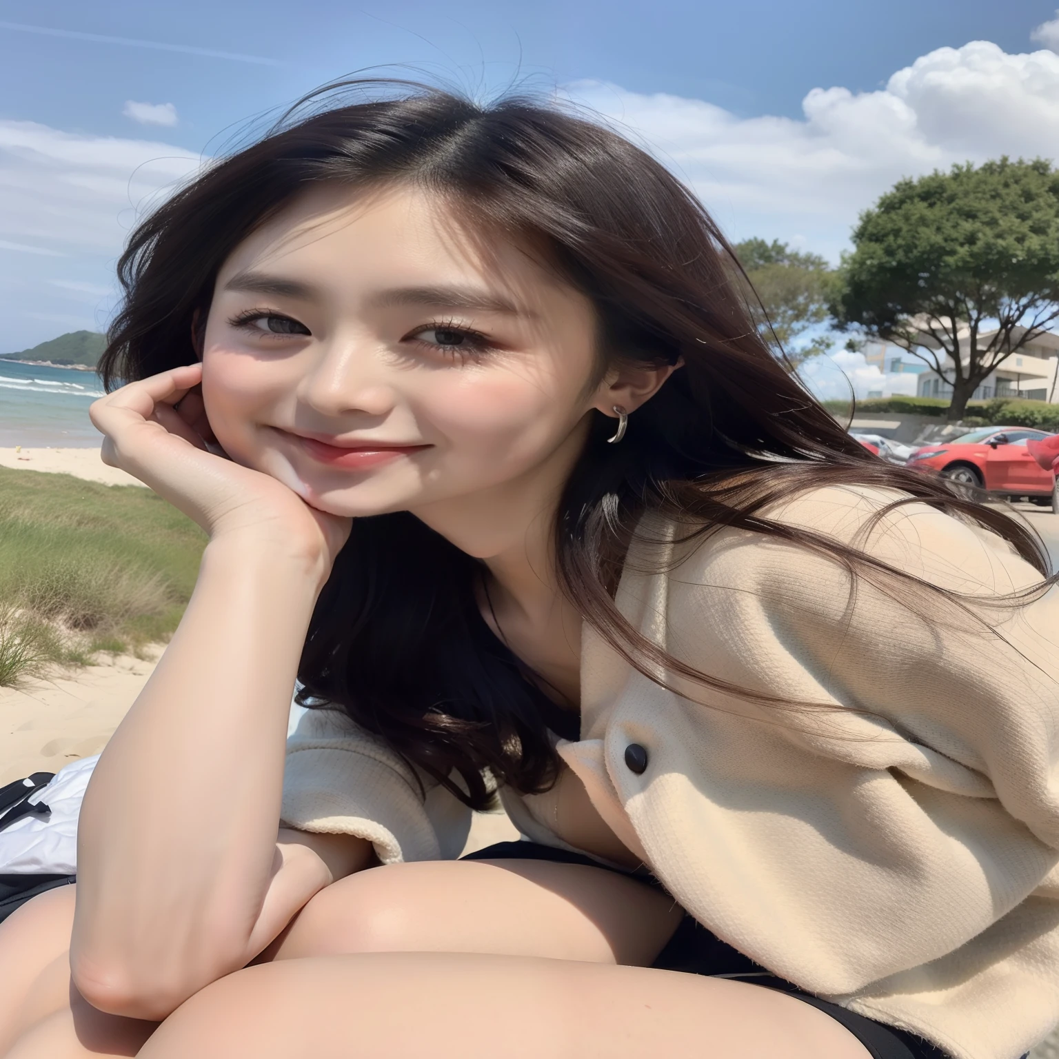 a young, Beautiful and cute Korean actress,Full body photo,Extremely beautiful and delicate,Black color hair,Pouting and smiling,Delicate and beautiful fair skin,Realistic and realistic,exquisite and complete facial features,Detailed depiction of the face,tall nose bridge,Smooth hair,extremely detail hair,Feminine temperament,Tall and tall,Thin,Realiy,White teeth,Tied up with hair,Hyper-realism,sandals,full body shot shot,Forward tilt angle,Extreme picture quality,Highest precision,Precise and perfect human anatomy。with blue sky and white clouds,with blue sky and white clouds,rays of sunshine,Cows, sheeps, (Crop topping,)(telephoto shot,)Express the landscape,Highlight portrait。Sitting on the beach by the sea。Wearing earrings