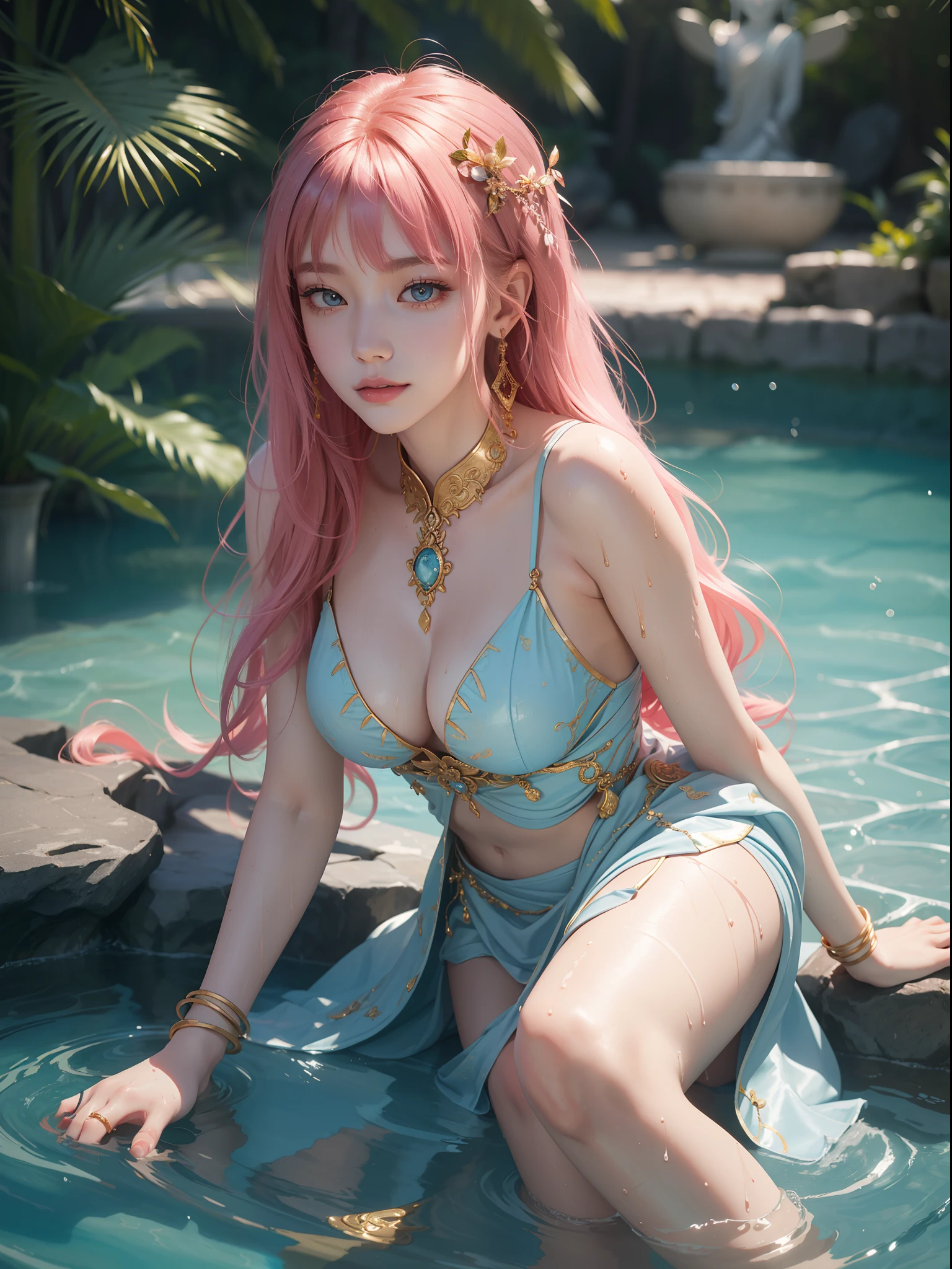 A Buddhist Bodhisattva Girl, (Masterpiece, Top Quality, Best Quality, Official Art), (KPOP idol), (Super Long Hair, Messy Long Flowing Hair, Light Pink Long Hair), Delicate Jewelry, Delicate Bracelet, Delicate Hair Ornament, High Feeling, Aperture on the Back, Fairy Fluttering, Looking Up View, Barefoot, Golden Bracelet on Ankle, Ancient Chinese Clothing, (Conservative Clothes), Gorgeous Silk, Flowing Tulle, Dazzling Background, Golden Aperture on the Back, Gold Falun in the back, best light, best shadow, movie lighting, mystery, background pure black with ring aperture, ultra high definition, 8k, fair skin, Wolp_style, duhuang_style, upper body close-up, detailed face, (sideways: 1.5), 28 years old, 1girl, well-dressed, super long clothes, black hole background, in a temple in Thailand, one leg on the ground, left hand as Buddha hand on chest, the other raised above the head to do Buddha hand, surreal, photo, realistic, {(Surfacing from a clear pool, splashing a lot, splashing, water ripples), (wet clothes: 1.5) (wet: 3.0), (wet hair: 1.5)}, medium chest, 48KG weight, smooth skin, light blue pupils, detailed eye painting, (super white skin, supple skin), (face focus, bending over to look at the camera, snapping)