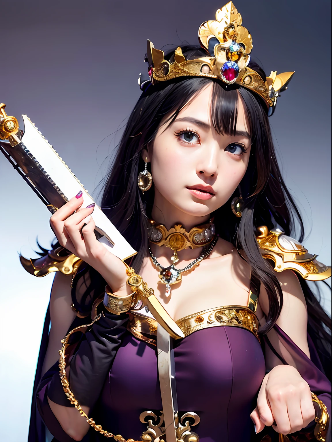 (masutepiece), Professional , masterpiece、top-quality、photos realistic , depth of fields (Gemstone Silver Metal Body:1.9),(Matte White、Jewel Gold Weapon(Jewel Metal Body:1.4),Gorgeous metal weapons , Detailed Sword of the Brave , Beautiful knife ,warhammer 40k , adepta sororitas,Detail and ornate jewel crown、Black hair、Gangle's forest background、Beautiful Caucasian beauty、1a person、dynamic ungle,(((Detailed and ornate diamond crown)))、Smaller head、A smile、Take a sexy pose、Background inside the castle、Thin and beautiful female hands、