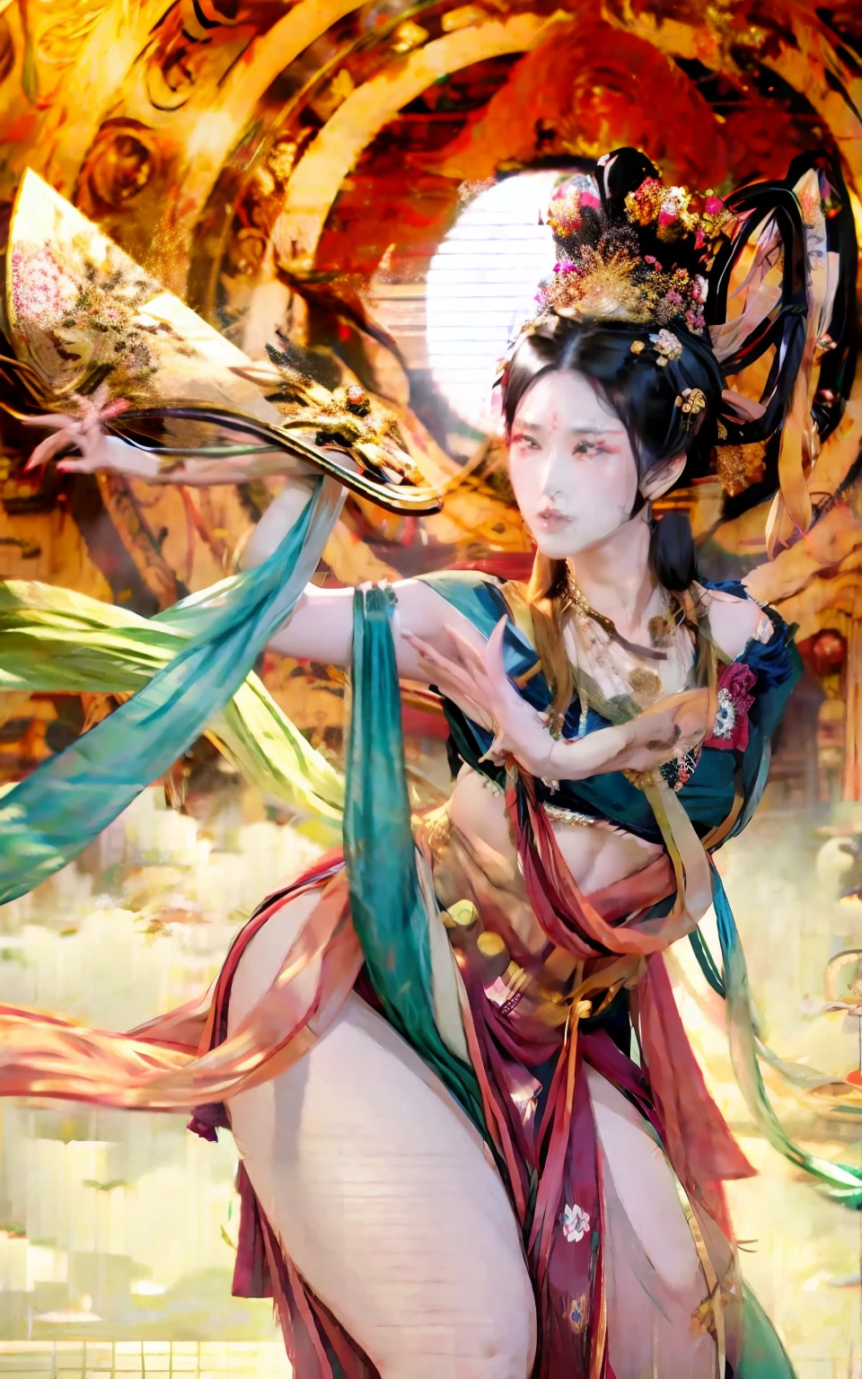 Beautiful ancient Yang Guifei,Fan Bingbing's face,hair-bun,Low-cut scarf,Wear a five-color scarf,No underwear,,Tattooed with,Super tall,Super plus-size,Side Body,Raised sexy,,Flying dance pose,curvy build,Plus-size models,massive bulge ,Chinese face,Background ancient palace,Masterpiece,super detailing,16k