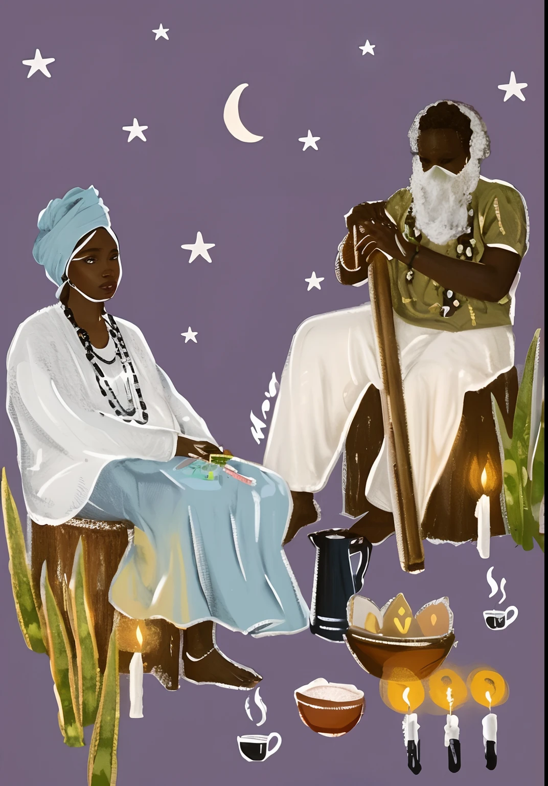 pintura de duas pessoas sentadas em um banco com uma panela e um copo, digital illustation, illustration", afrocentric mysticism, uma pintura de duas pessoas, full-colour illustration, inspirado em Ras Akyem, ☁🌪🌙👩🏾, Directed by: Chinwe Chukwuogo-Roy, folkloric illustration, Detalhes adicionais, digital art illustration, stylized digital illustration