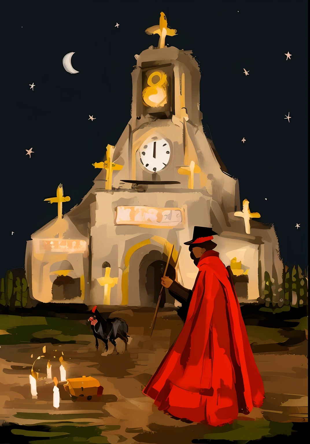There is a painting of a woman in a red robe and a clock tower, clocktower, Peasant wedding at midnight, inspirado em Geertgen tot Sint Jans, inspirado em Hans Eduard von Berlepsch-Valendas, speedpaint, stylized digital illustration, pintura estilizada, the plague doctor, inspirado por Nicolaes Maes, Pintura de velocidade