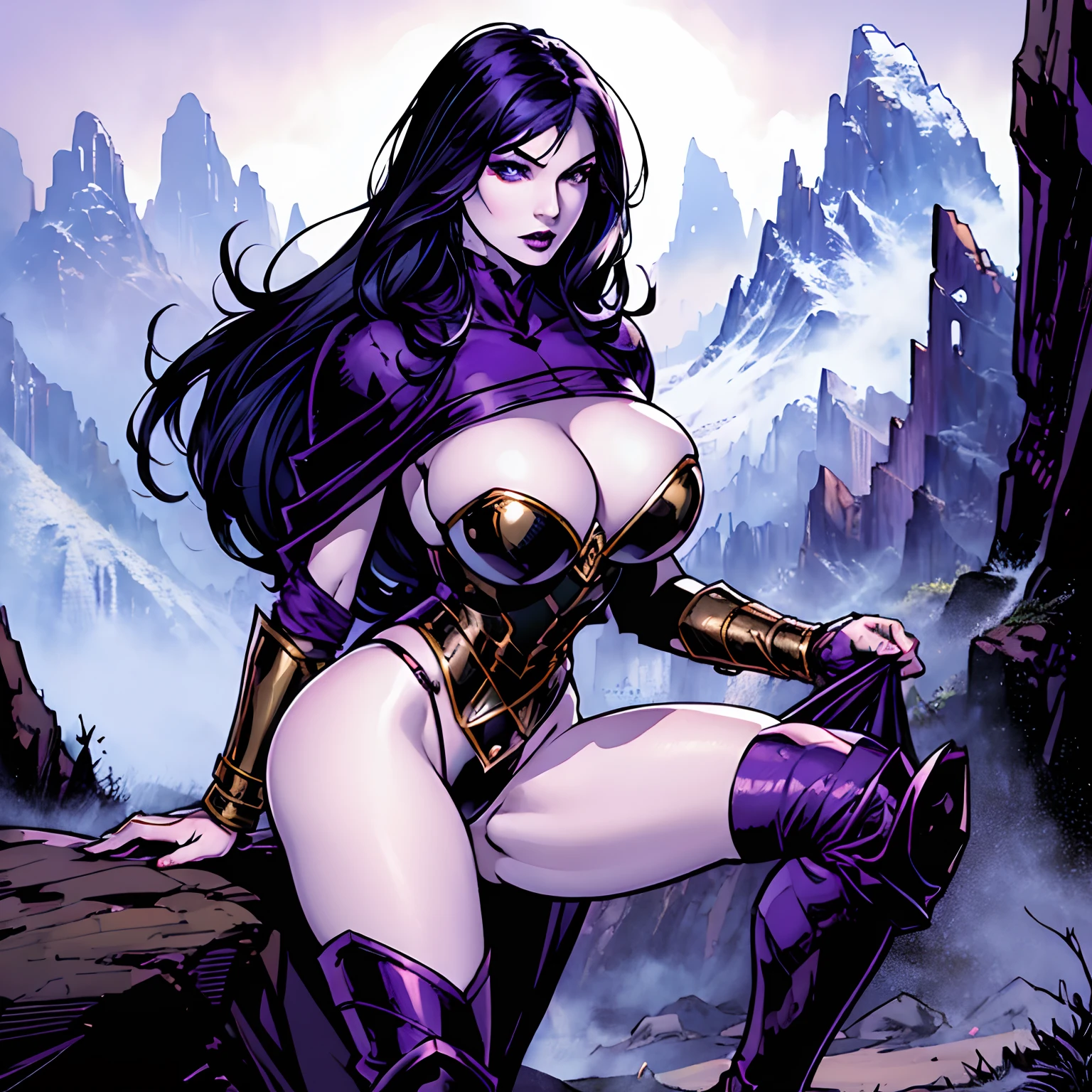 (masterpiece, top quality, best quality, official art, beautiful and aesthetic:1.2), (1girl:1.3), ((long black hair)), (((pale purple skin, pale blue skin, blue skin, purple skin))), black makeup, extremely detailed, portrait, looking at viewer, solo, (full body:0.6), detailed background, close up, (cold night mountain theme:1.1), dark elf war dancer, charlatan, smirk, mysterious, swaying in mountains, skimpy attire, revealing gladiatrix costume, gold bikini, cowl, metal bikini, long boots, dual knives, violet fabric, black leather, gigantic breasts, cleavage, skindentation, slim waist, slim hips, long legs, medieval (mountain exterior:1.1) background, dark mysterious lighting, shadows, magical atmosphere, dutch angle, (((Balsamique)))