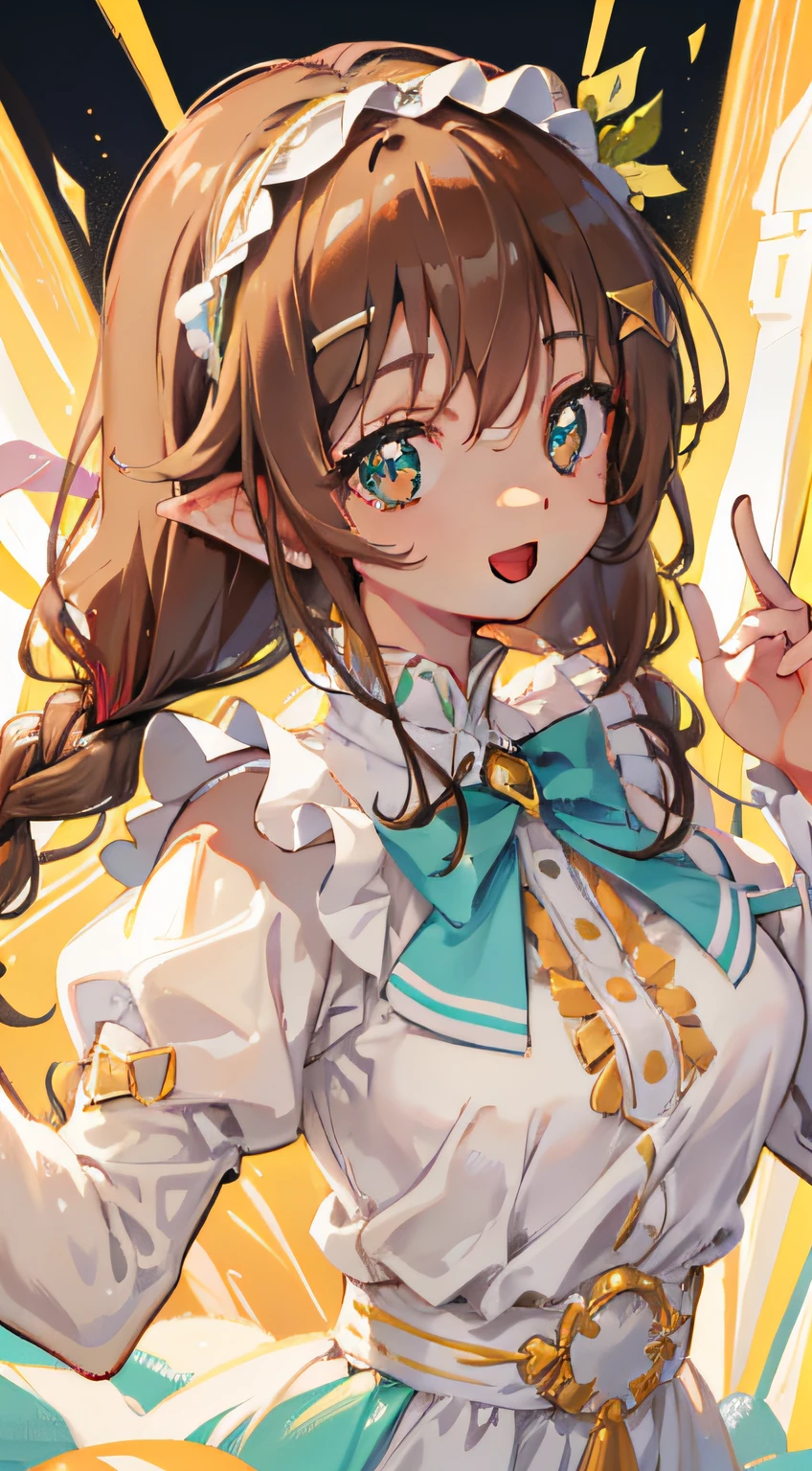 Portrait of a girl, Clear faces, Ruddy cheeks, Bright eyes, natural skin tones, Brown hair, SideBraid, crystal hair, Expressive hair, Hair Bow, lolitahairband, Aqua green eyes, long eyelasher, diamond-shaped pupils, Sparkling pupils, Wide eyes, Smile, Open-mouthed, anime big breast, Rococo style, classicism, Anime style, Sparkling soft light, Delicate details, Warm atmosphere。
