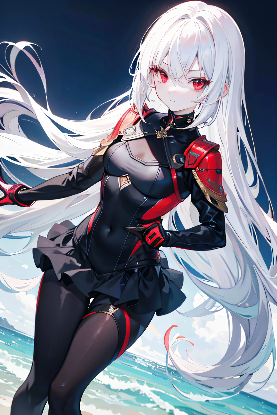 Long white hair, Red eyes, Black swimsuit, Plump body, An anime character, Only one person,Have by the sea
