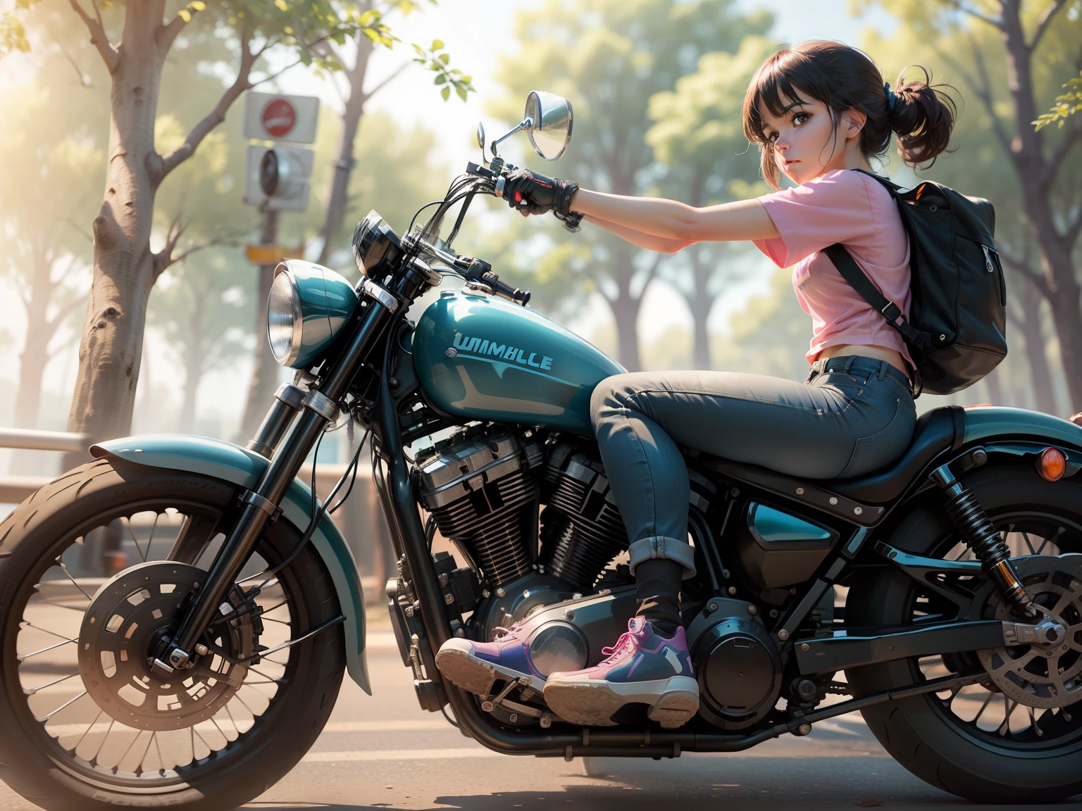 Beautiful lofi girl riding a massive black Harley Davidson motorcycle, one black shoe facing camera, dragging tin cans behind, side view, complete view of motorcycle and riding buddies like swiper, long shot, forest and country background, looking a little like Dora the explorer, bombing down the highway, wearing a pink tee shirt and blue jeans shorts, with a crazy determined look in her eyes, summer background scene, Adobe Photoshop, Realistic Digital Painting, Portrait, High Resolution, Warm light, Symbolic Art, photorealistic, hyper-detail, 24k resolution, in traffic police from behind, commuters in front.