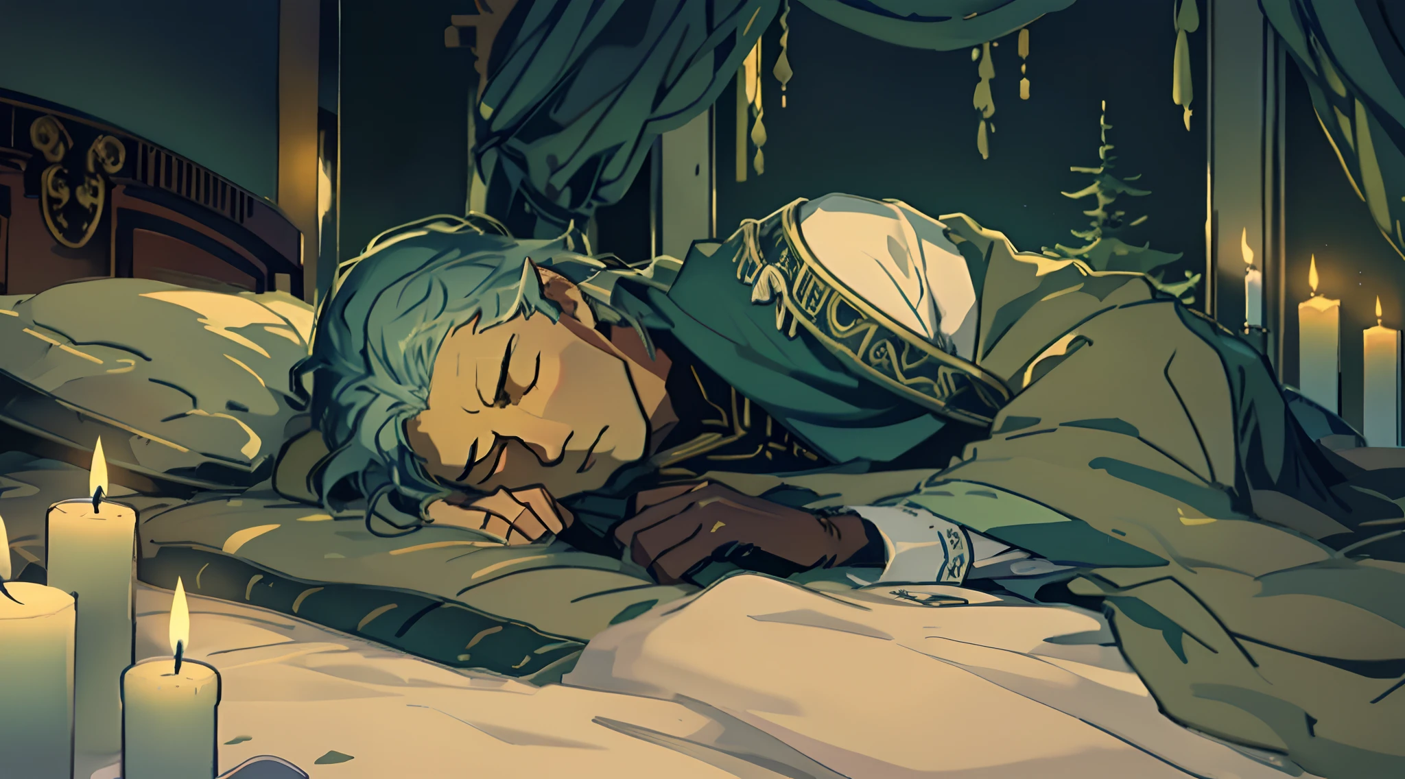 Pov, f/1.7, The 50 yesrs old king is sleeping on his side alone on the bed and his eyes closed and frowning. In ancient times, night, candles