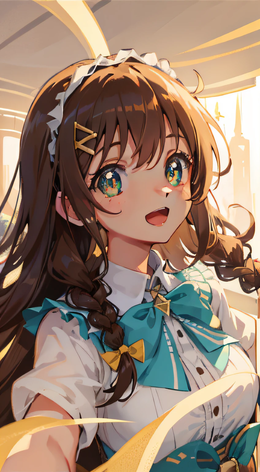 Portrait of a girl, Clear faces, Ruddy cheeks, Bright eyes, natural skin tones, Brown hair, SideBraid, crystal hair, Expressive hair, Hair Bow, lolitahairband, Aqua green eyes, long eyelasher, diamond-shaped pupils, Sparkling pupils, Wide eyes, Smile, Open-mouthed, anime big breast, Rococo style, classicism, Anime style, Sparkling soft light, Delicate details, Warm atmosphere。