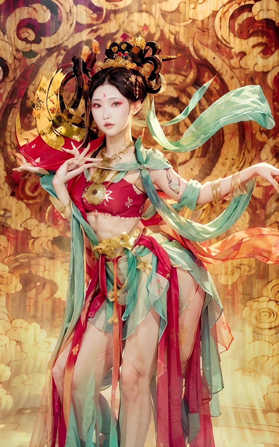 (8k,RAW photos,best qualtiy,tmasterpiece:1.2),(realisticlying,Photorealistic and realistic:1.4),(Very detailed CG unity 8k wallpaper),(1个Giant Breast Girl),dance,dunhuang_dress,dunhuang_style,dunhuang_background,Arms up,Gold ornaments,Ancient Chinese hairstyle,gossamer,Streamers,light make-up,eye shadows,Eyebrow nevi,(confront),dynamicposes,Background smoke surrounding,Red and green color scheme,Petals flying,the detail,jewelry,耳Nipple Ring,bangle,bshoulders,complex texture,bust,Guqin,Pipa Senju Kannon