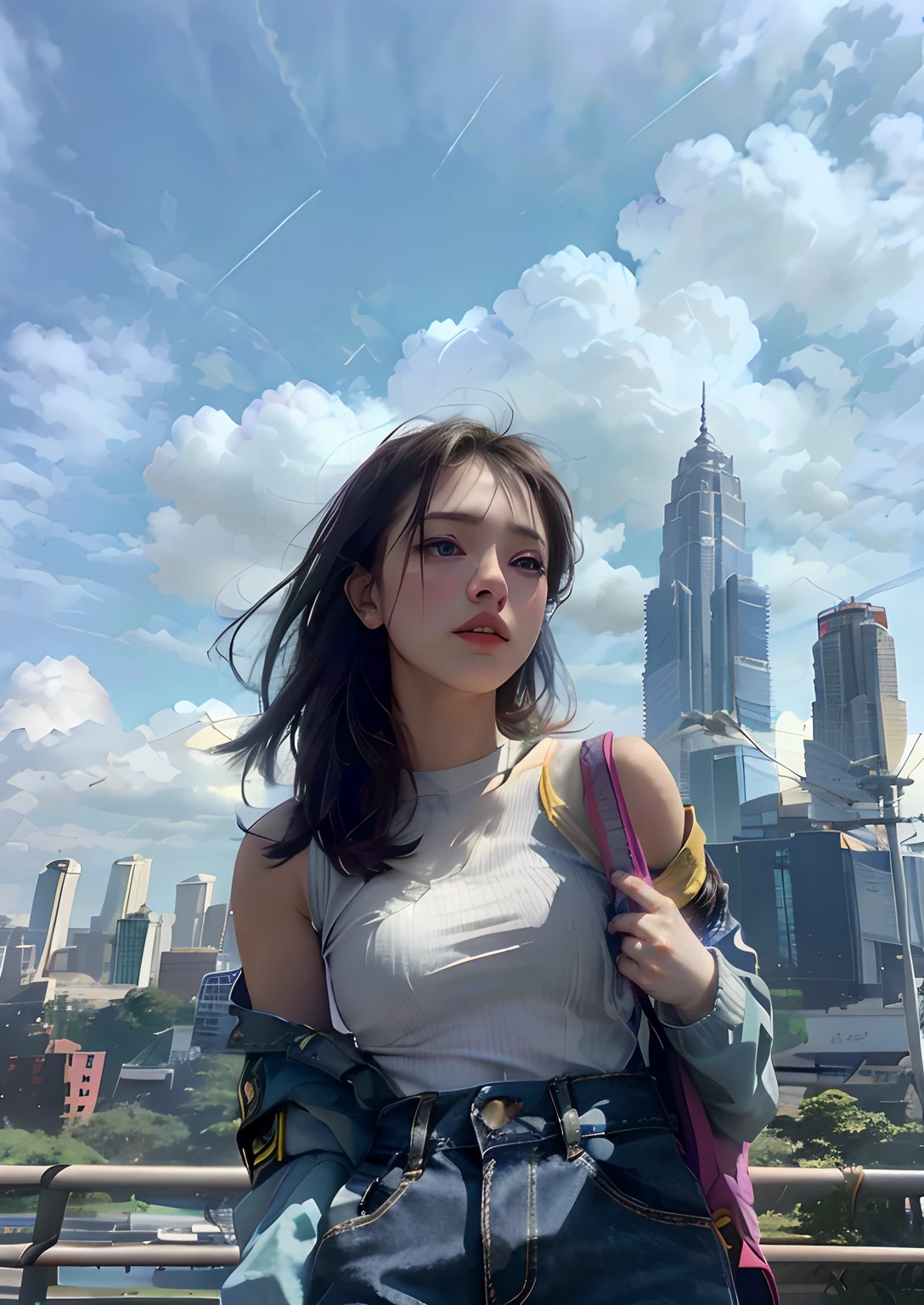 The vast sky, beautiful skyline, large grasslands, extremely tense and dramatic pictures, moving visual effects, the high-hanging Polaris, and colorful natural light. A girl with a long-sleeved top, denim shorts, and a backpack on her back(jakarta, Indonesia,monas:1.2)There are buildings on the ground not far away.