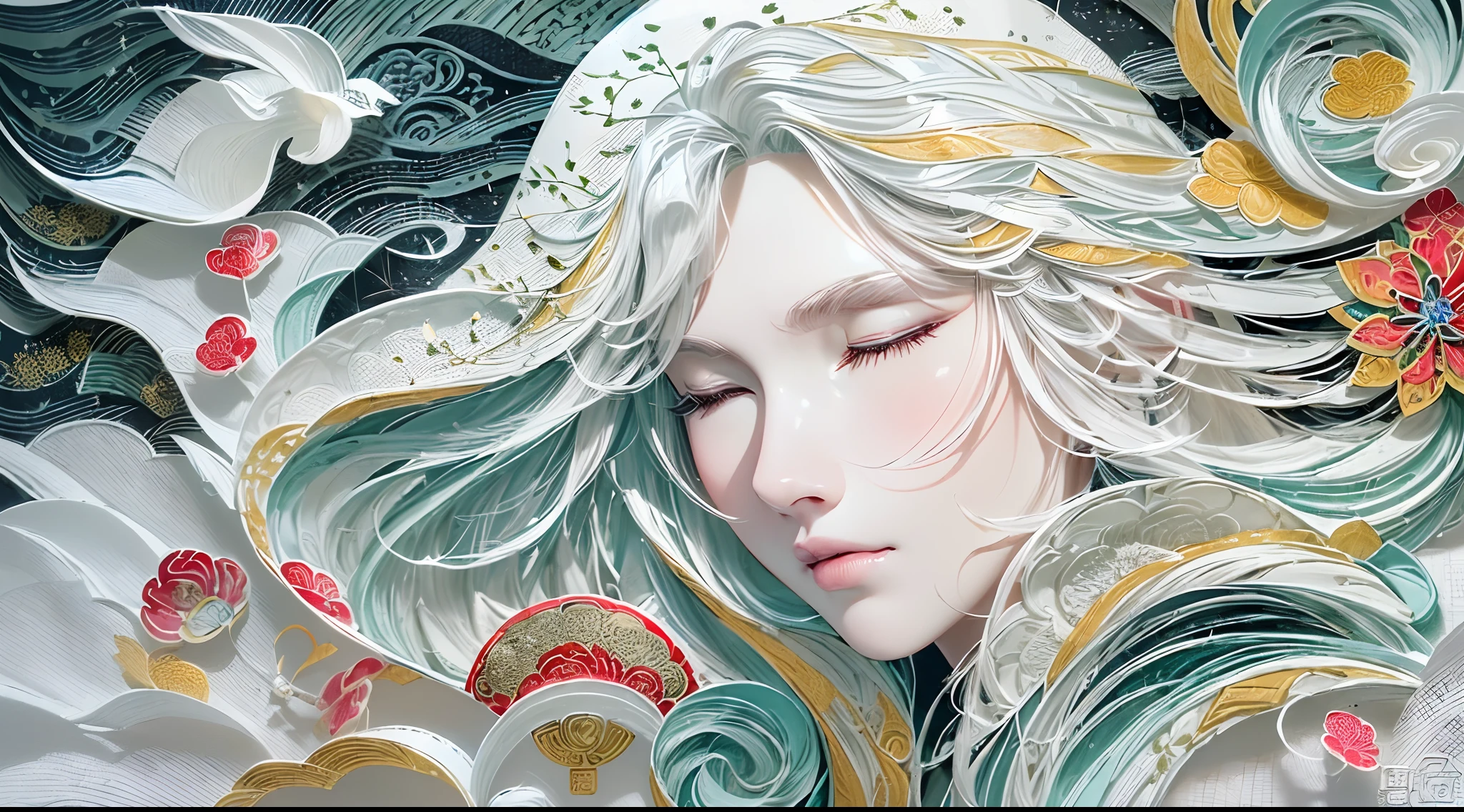 (White background:1.4),(Silhouette of a Girl's Head, eyes closed, colorful long hair, Oriental elements)，(Chinese illustration:1.3，paper art:1.3, Quilted paper art:1.2),( reasonable design, Clear lines, High sharpness,best quality, Very detailed, masterpiece, official art, movie lighting effects, 4K )