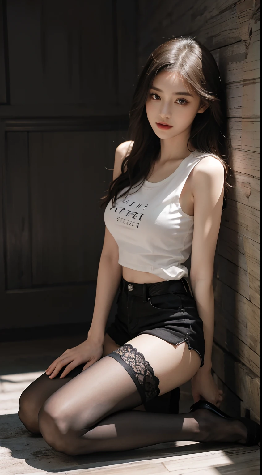 Best quality, masterpiece level, intricate details, high-precision graphics, ultra-HD quality, detailed shadows, fantastic atmosphere, dark background, shadow effect, local light, a pure beauty girl, personal solo display, exquisite and detailed face and eyes, real skin fit, black and white contrast scheme, high waist and slender leg line, shorts with stockings, (sleeveless T-shirt for top, full body presentation),