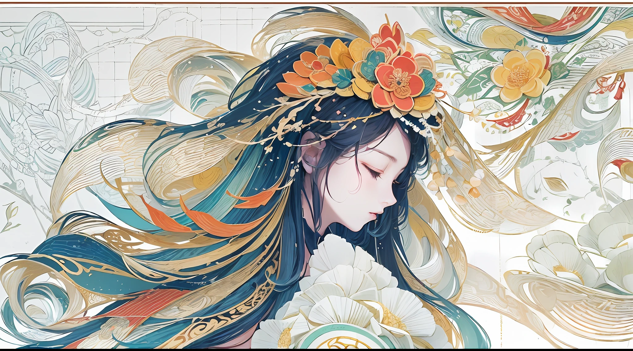 (White background:1.4),(Silhouette of a Girl's Head, eyes closed, colorful long hair, Oriental elements),(Chinese illustration:1.3,paper art:1.3, Quilted paper art:1.2),( reasonable design, Clear lines, High sharpness,best quality, Very detailed, masterpiece, official art, movie lighting effects, 4K )