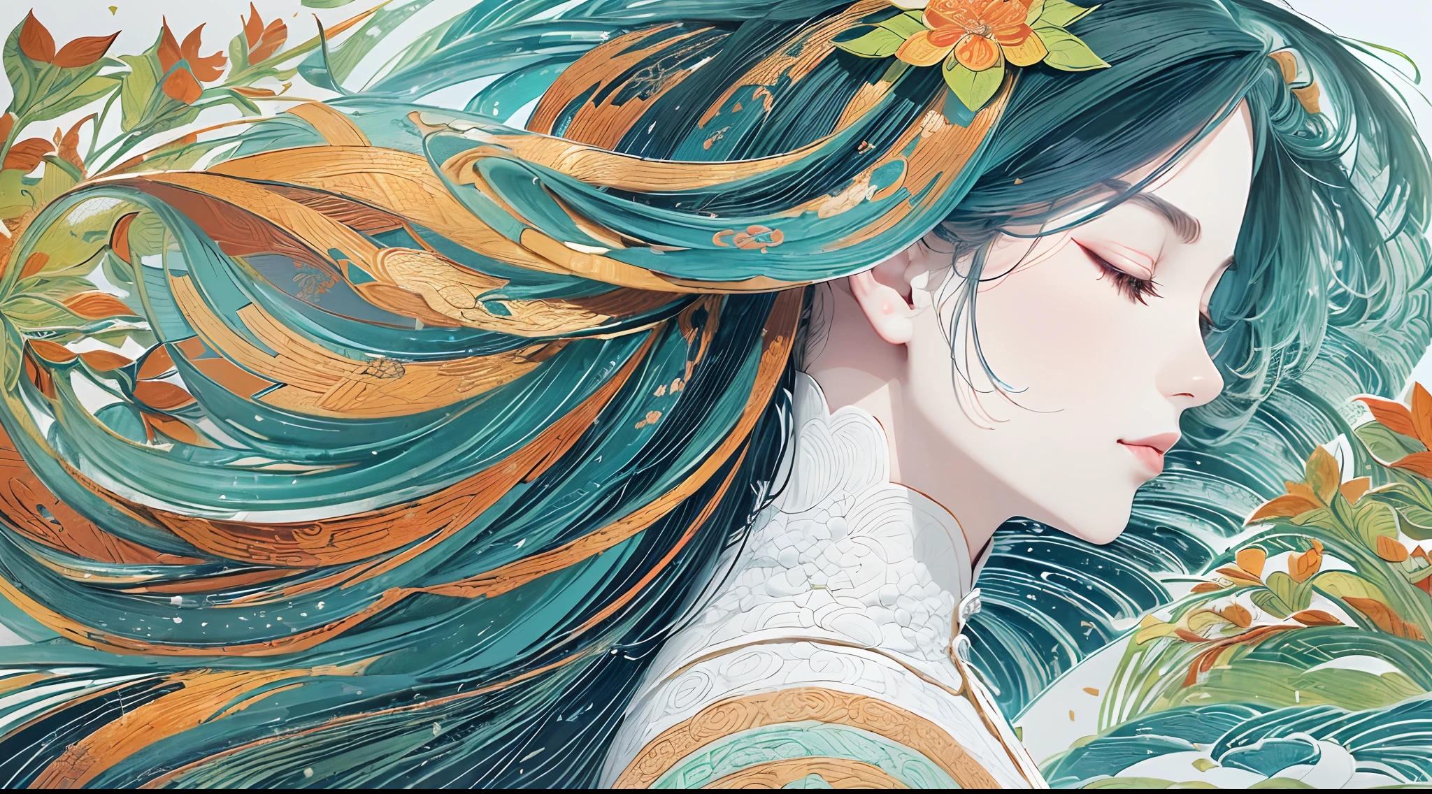 (White background:1.4),(Silhouette of a Girl's Head, eyes closed, colorful long hair, Oriental elements),(Chinese illustration:1.3,paper art:1.3, Quilted paper art:1.2),( reasonable design, Clear lines, High sharpness,best quality, Very detailed, masterpiece, official art, movie lighting effects, 4K )