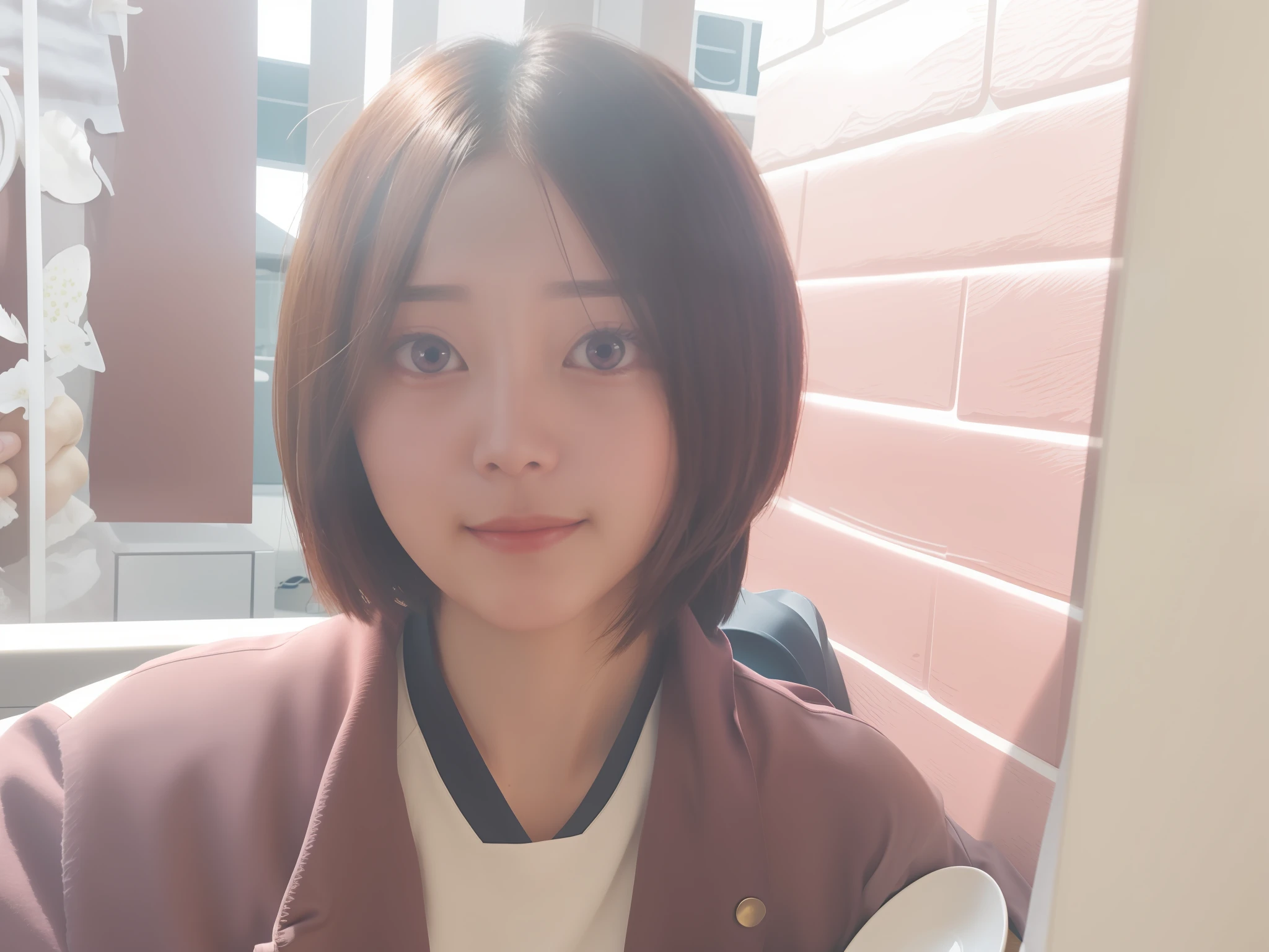There was a woman sitting at the table,Carrying a plate of food, with short hair, xintong chen, as an anime character, Choi Hyun-hwa, chiho, Kwak Ji-young, jaeyeon nam, Anime girl in real life, wenfei ye, Lin Qifeng, brown hair, personal profile picture, chengyou liu, sakimi chan