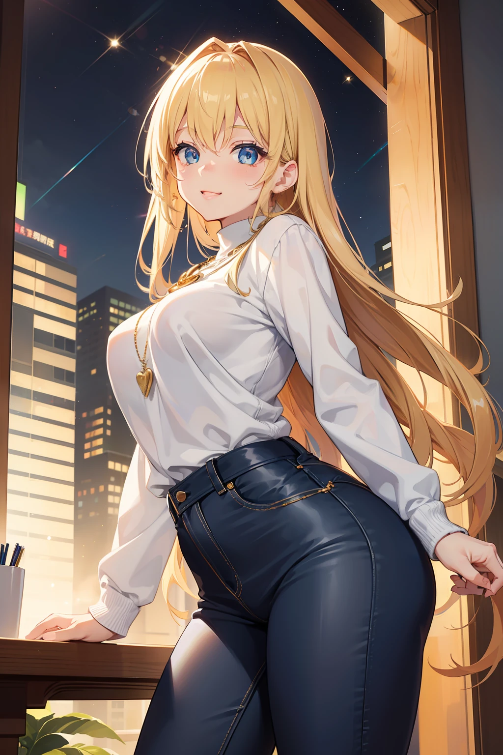 ((masterpiece)), ((best quality)), (ultra-detailed), ((kawaii)), cute, (lovely), anime style, dynamic angle, look up from below, office, night, a cute girl, 1girl, solo, sweater, beautiful gold hair, beautiful light blue eyes, ((beautiful eyes)), buttocks, slim, slender, necklace, smile, sparkling effect, glitter effect, lens flare ,skinny jeans