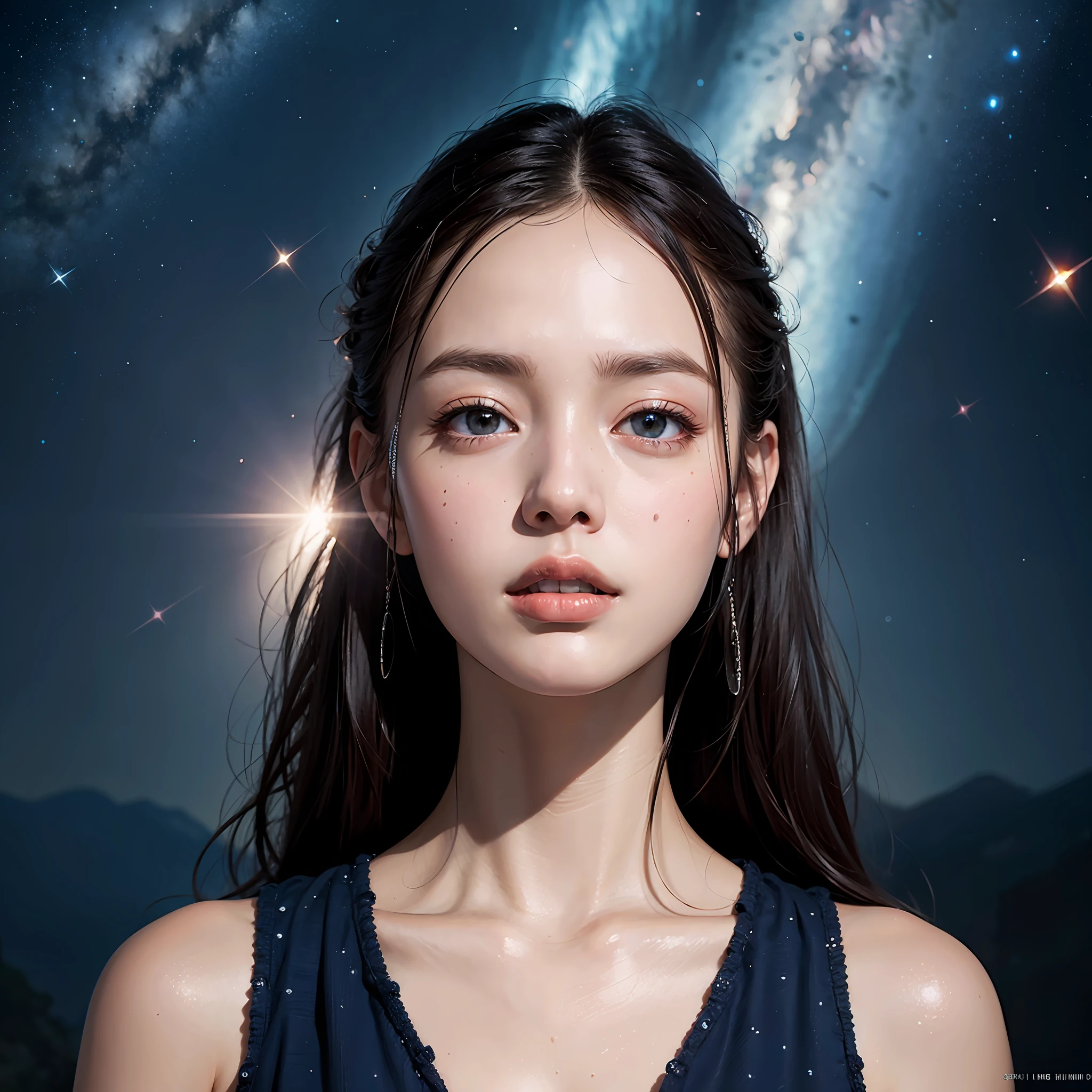 beautiful images、universe、fantasy、moon、shooting start or herd、teenage girl、black eye、hair is bob、cute face、starry sky、Japanese、high school girl、thunder、naked、cute breasts