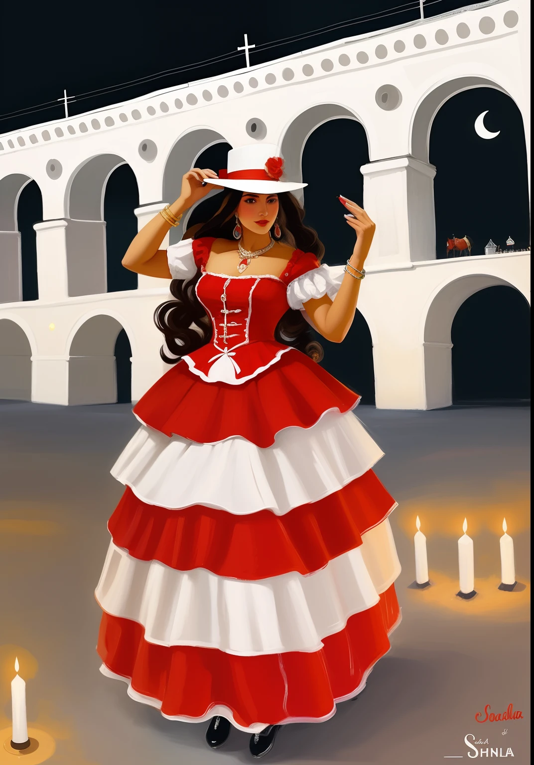 Painting of a woman in a red dress and a white hat, Folclore mexicano, folkloric illustration, inspirado em Oswaldo Viteri, Sacerdotisa Maia, stylized digital illustration, pele escura deusa feminina do amor, inspirado em Toros Roslin, O Catrina, inspired by Léon Bakst, Por Reyna Rochin, inspired by José Malhoa