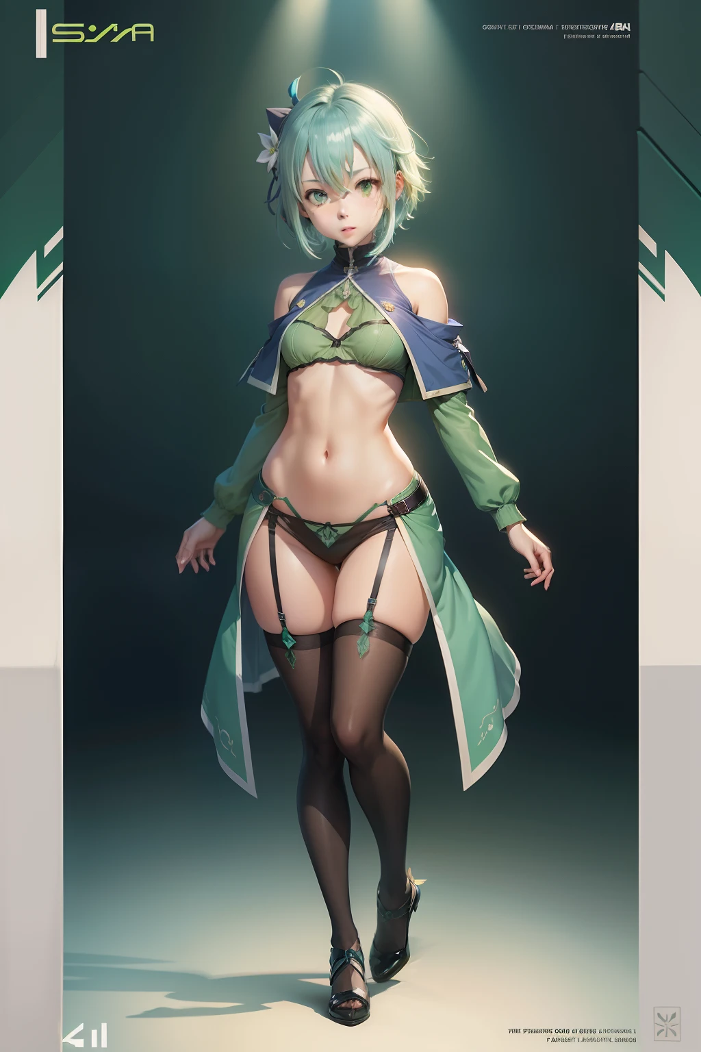 panties, high quality fanart, 4k, Sylphy, fullbody, official fanart, full body portrait, detailed fanart, Fanart, Mushoku Tensei, anime, green hair, petite, small boobs, flat chest, magic, green short hair,