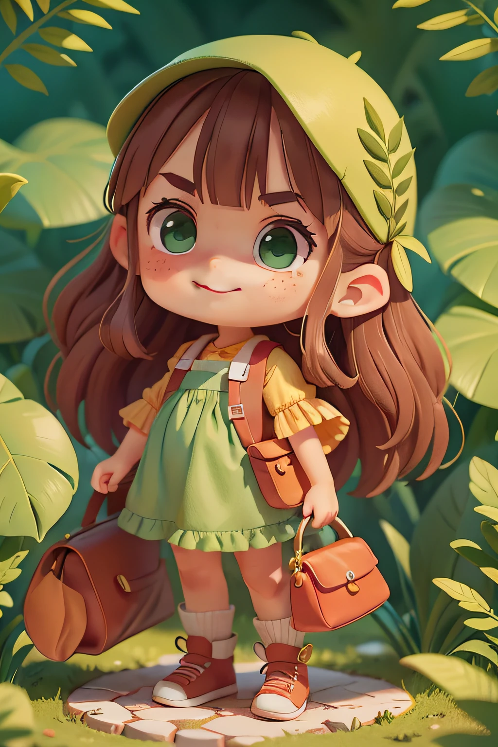 Children's art graphic novel, Very cute, Caricature, Wear a long sun-covered colored poncho,With plant pins, determined expression, Furrowed eyebrows, confident smile, and a slightly raised nose, ready for action. She has long brown hair with bangs, freckle, Green eyes and a cheerful smile. SHe carries a bag with some gadgets and tools. Soft atmospheric lighting, A warm and inviting color palette. Whole body