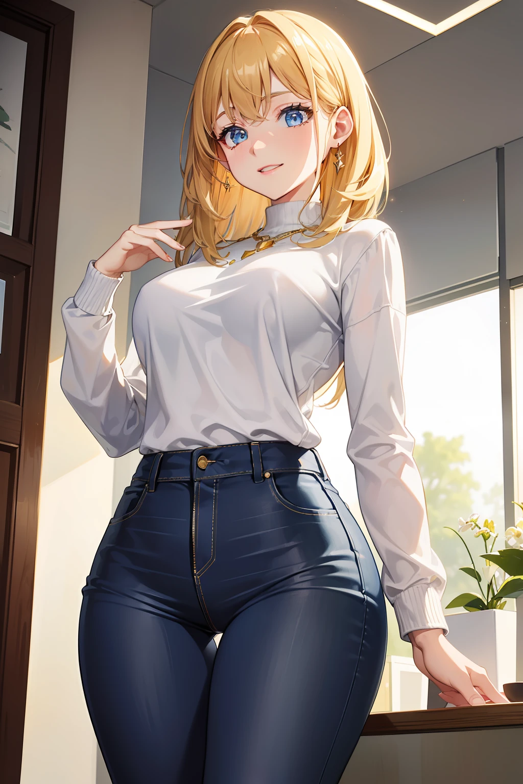 ((masterpiece)), ((best quality)), (ultra-detailed), ((extremely detailed)), 4K, (8K), best quality, (beautiful), anime style, dynamic angle, look up from below, office, a cute girl, 1girl, solo, sweater, beautiful gold hair, beautiful light blue eyes, ((beautiful eyes)), slim, slender, necklace, smile, sparkling effect, glitter effect, luminous effect, lens flare ((skinny jeans))