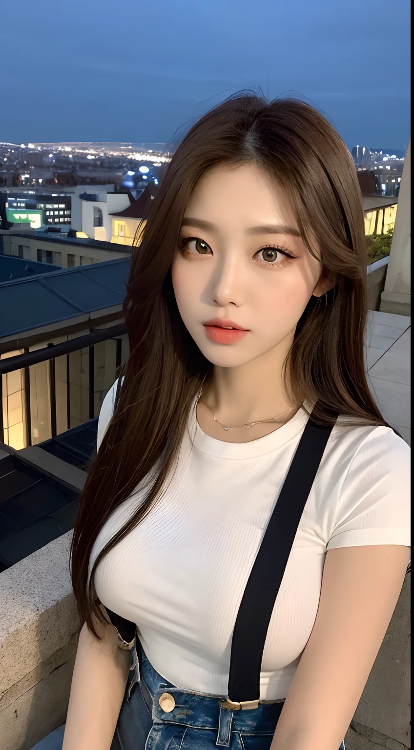 ((Midnight, Best quality, 8k, Masterpiece :1.3)), Whole body, Long legs, Sharp focus :1.2, A pretty woman with perfect figure :1.4, Slender abs :1.1, ((Dark brown hair, Big breasts :1.2)), (White tight tshirt, Jean bib, Standing:1.2), ((Night city view, Rooftop:1.3)), Highly detailed face and skin texture, Detailed eyes, Double eyelid
