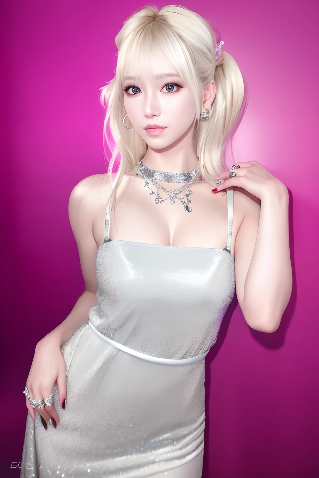 Arapei blonde woman in silver dress poses for a photo, render of april, inspired by Sim Sa-jeong, [ 4 K photorealism ]!!, [ 4 K photorealism ]!!!, [ 4 K digital art ]!!, 8K Artgerm bokeh, 🌺 CGSesociety, Tifa Lockhart with white hair, White dress!! of silver hair