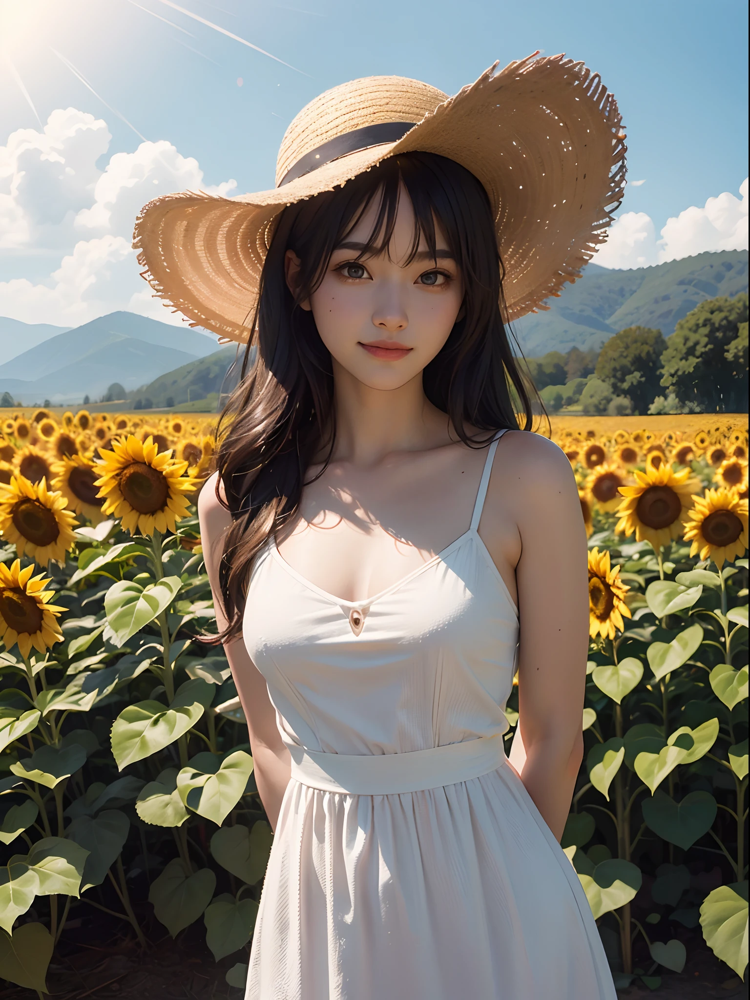 Unbeatable masterpiece, Ultra photo realsisim, Perfect artwork, Intricate details, Best quality, Strong light,High contrast,  sunflower field , cute and kawaii girl ,(sweat:0.5) , arms behind back , White kneelength camisole dress , Straw Hat , smile,strong light , sunlight , wind , summer sky ,incoming , attack , Magic Effect , Fireworks .light bloom , lens flare , (far from viewer:1.1), high quality , best , high resolution , bestquality , award winning , highly detailed .hyper extreme detailed , masterpiece ,