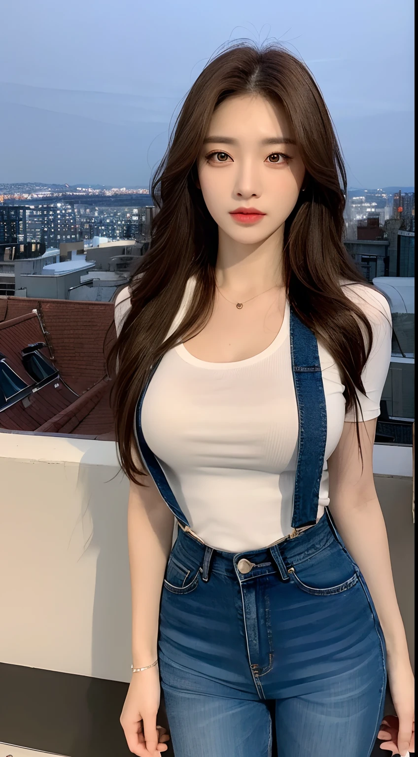 a woman in jeans and a white shirt posing on a balcony, wearing tight  clothes, wearing tight shirt, tight shirt, white top, wearing a cute top, dressed in a white t shirt, skinny waist and thick hips, korean girl, casual clothes, thicc, wearing casual clothes, casual clothing, dressed in a white t-shirt, blue tight tshirt