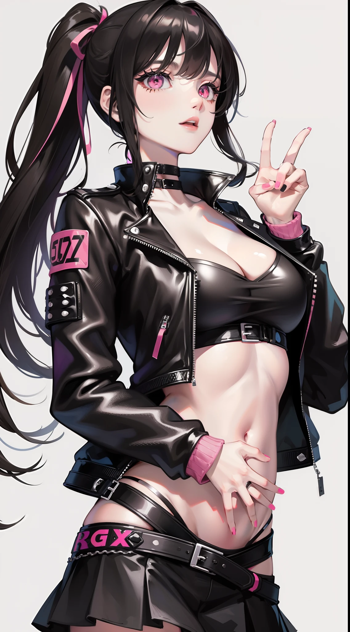 Young girl, long black hair in two ponytails, pink eyes, punk, leather jacket, skirt, open belly, open breasts, masterpiece, high quality