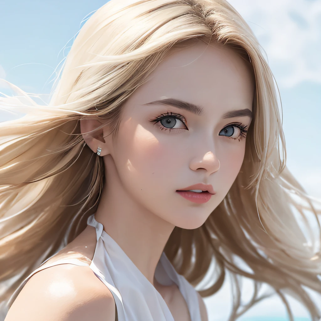 (8K, RAW Photos, of the highest quality, Masterpieces: 1.2), (Realistic, Photorealistic: 1.37), Highest Quality, Ultra High Resolution, light leaks, Dynamic lighting, Slim and smooth skin, (Full body:1.3), (Soft Saturation: 1.6), (Fair skin: 1.2), (Glossy skin: 1.1), Oiled skin, 22 years old, Night, shiny white blonde, Well-formed, Hair fluttering in the wind, Close-up shot of face only, Physically Based Rendering, From multiple angles, Diminutive Bikini、radiant lips