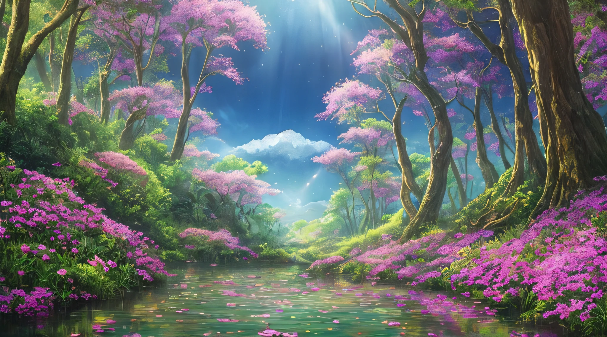 A surrealist one、Otherworldly、Illustration of the super sky scene,Including a huge crystal tree all over the body、Very detailed and magical lighting、Intricate forest details、Vegetation and surrounding rivers、Solar punk、scenecy、giant tree、Beautiful green leaves、Beautiful lighting and realistic proportions,As if it were a movie backdrop,8K,HighestQuali,tmasterpiece,Clouds and stars in the sky,Lotus flowers in the water