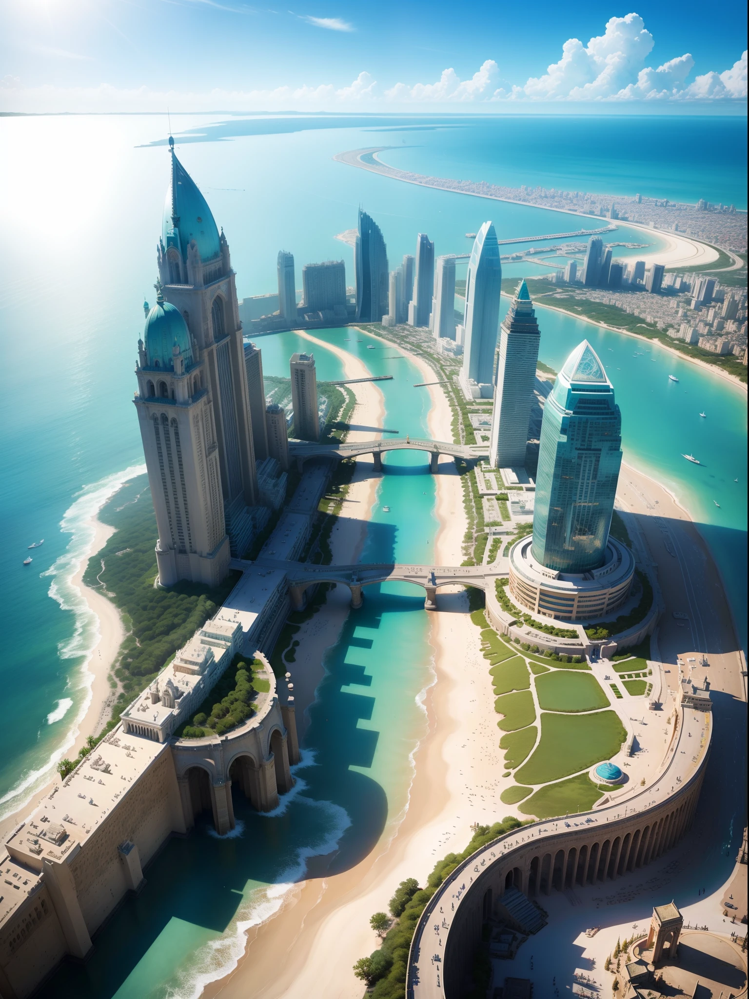 The city of Atlantis,The city of the heart of the ocean【Large proportion of cities】,Bright colors,Sunny day,Fantastic feeling