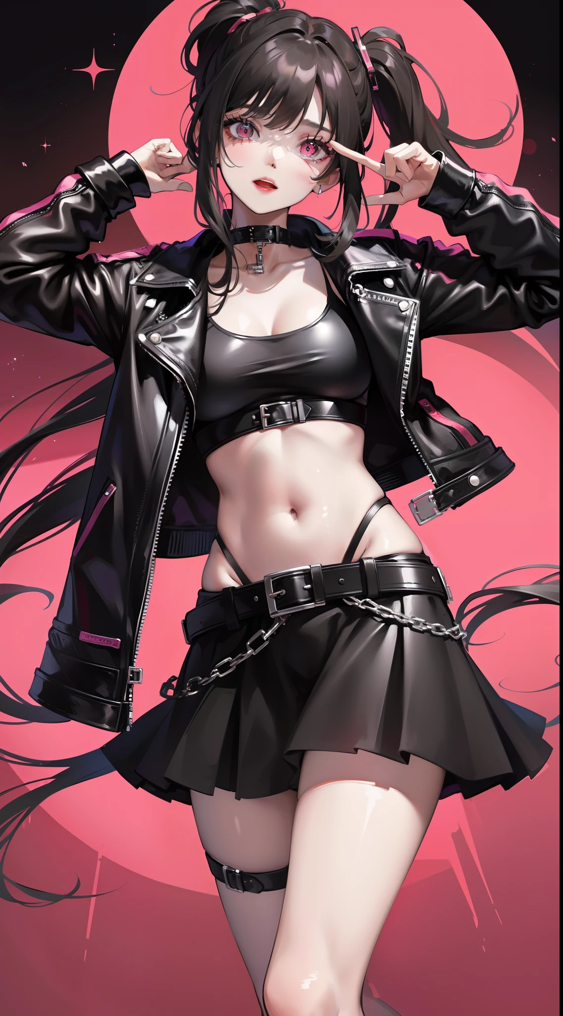 Prostitute in her 30's, with tanned skin, hair in a ponytail, glowing cross pendant, leather jacket, miniskirt, black patent leather stiletto hooker boots. Standing on a train with her Legs apart, showing her vagina. Masturbating intensely. Cum dripping from her vagina. Sex toy. Penetrated. Hardcore.