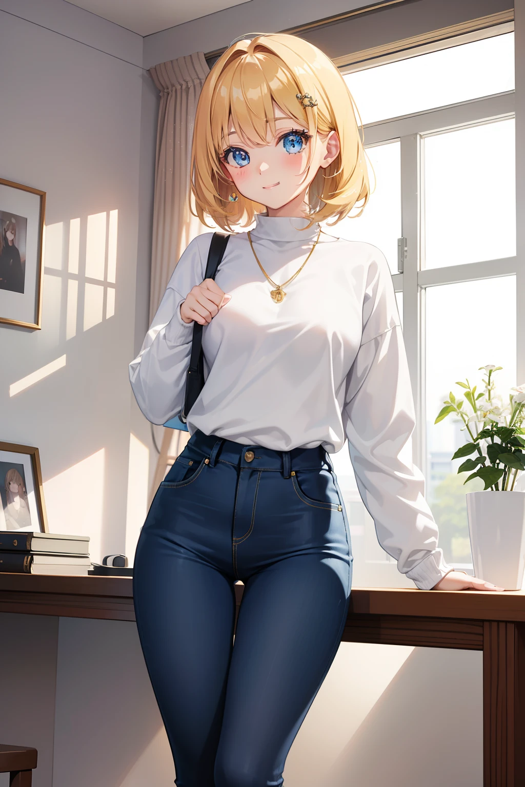 ((masterpiece)), ((best quality)), (ultra-detailed), ((kawaii)), cute, (lovely), anime style, dynamic angle, look up from below, office, night, a cute girl, 1girl, solo, sweater, beautiful gold hair, beautiful light blue eyes, ((beautiful eyes)), buttocks, slim, slender, necklace, smile, sparkling effect, glitter effect, lens flare ,skinny jeans