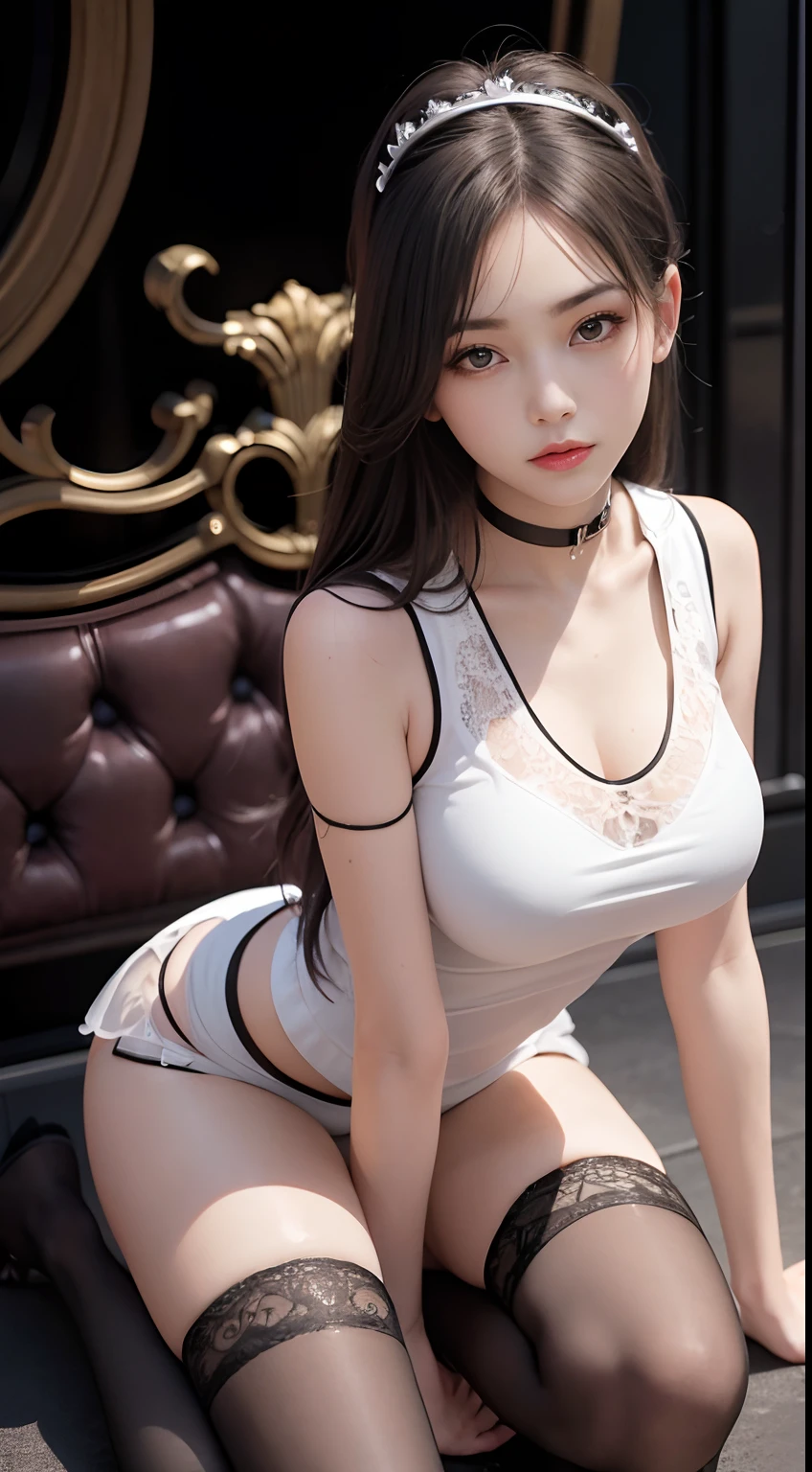 Best quality, masterpiece level, intricate details, high-precision graphics, ultra-HD quality, detailed shadows, fantastic atmosphere, dark background, shadow effect, local light, a pure beauty girl, personal solo display, exquisite and detailed face and eyes, real skin fit, black and white contrast scheme, high waist and slender leg line, shorts with stockings, (sleeveless T-shirt for top, full body presentation),