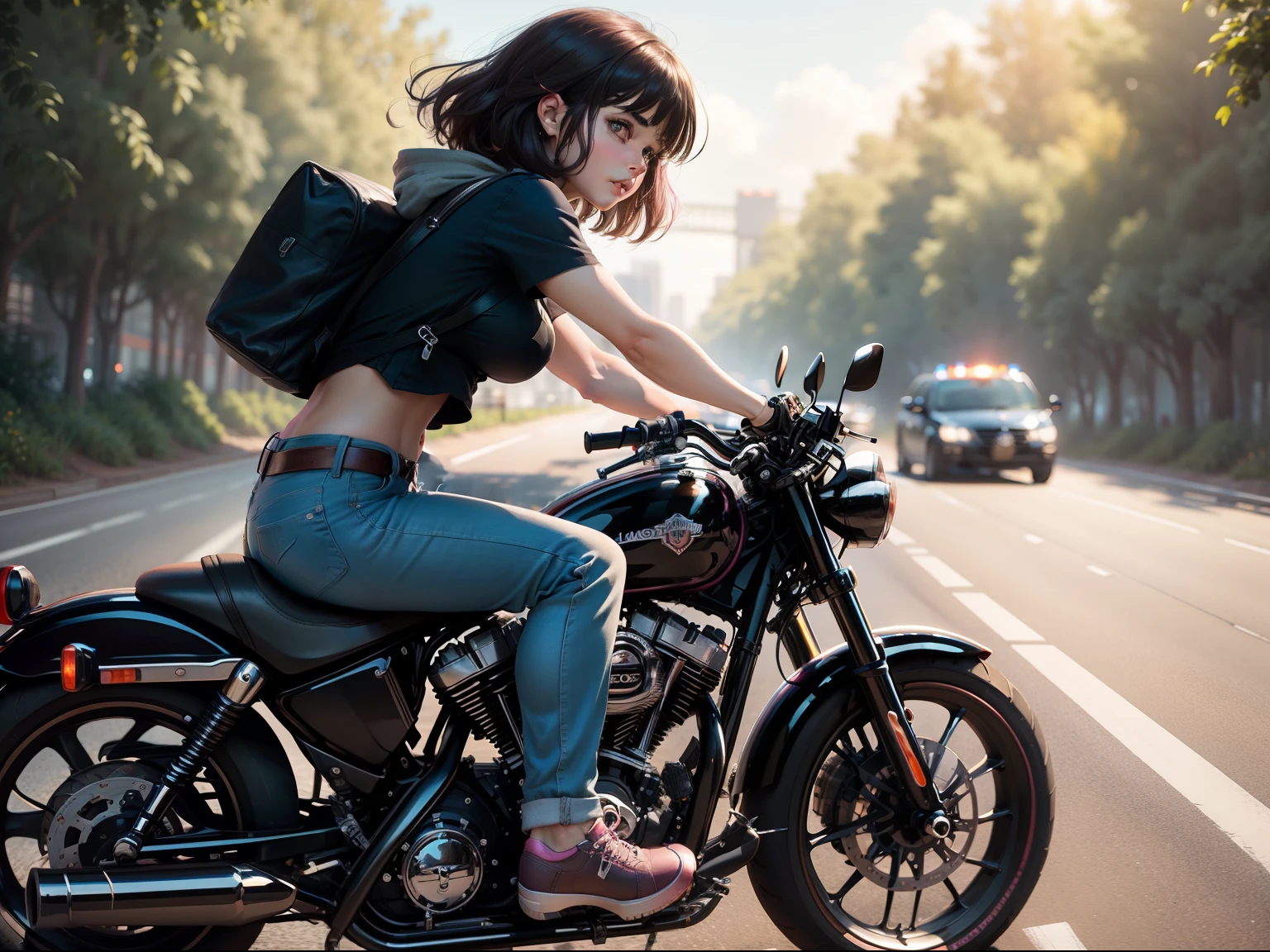 Beautiful lofi girl riding a massive black Harley Davidson motorcycle side view, one black shoe facing camera, dragging tin cans behind, side view, complete view of motorcycle and riding buddies like swiper, long shot, forest and country background, looking a little like Dora the explorer, bombing down the highway, wearing a pink tee shirt and blue jeans shorts, with a crazy determined look in her eyes, summer background scene, Adobe Photoshop, Realistic Digital Painting, Portrait, High Resolution, Warm light, Symbolic Art, photorealistic, hyper-detail, 24k resolution, in traffic police from behind, commuters in front.
