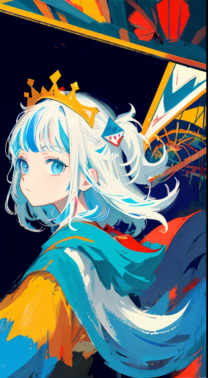 (人物: Gawr Gura), (flat color:0.9),(colorful:1.1),(masterpiece:1,2), best quality, masterpiece, highres, original, extremely detailed wallpaper, looking at viewer,,,1girl,solo,Portrait, Basquiat style,stained glass