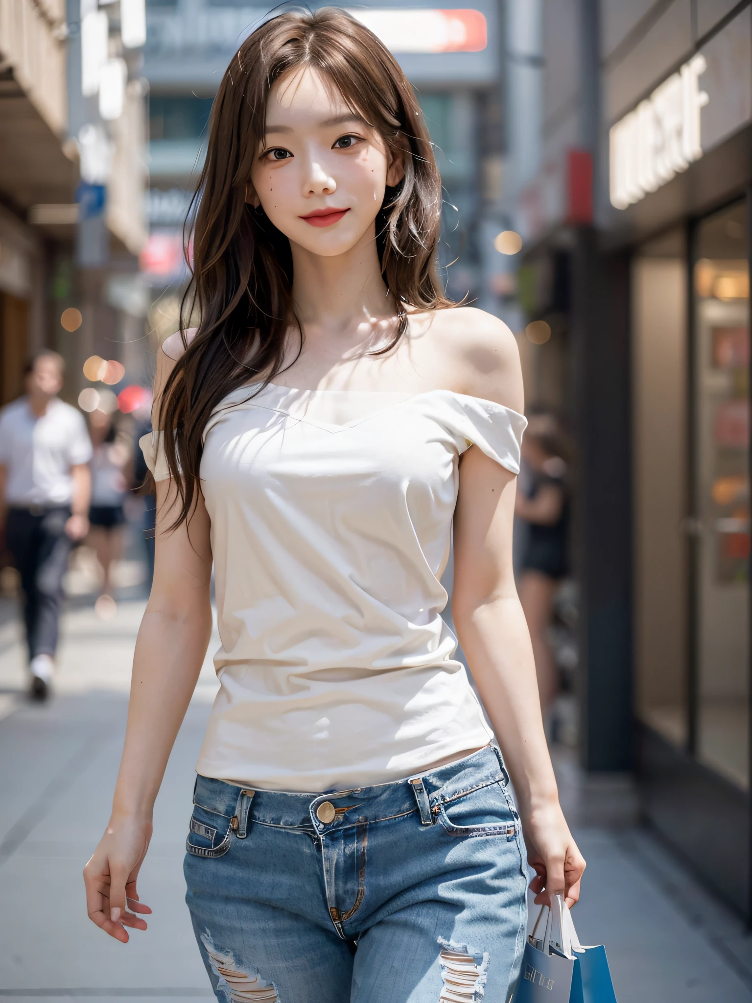 film photography, 1girl, ripped denim, white shirt, white sneaker, shopping mall, seductive smile, medium breast, full body, drunk blush:1.5, wavy shoulder-length hair, serene, calm, (realistic detailed eyes, natural skin texture, realistic face details), soft dramatic lighting, depth of field, bokeh, vibrant details, finely detailed, hyperrealistic