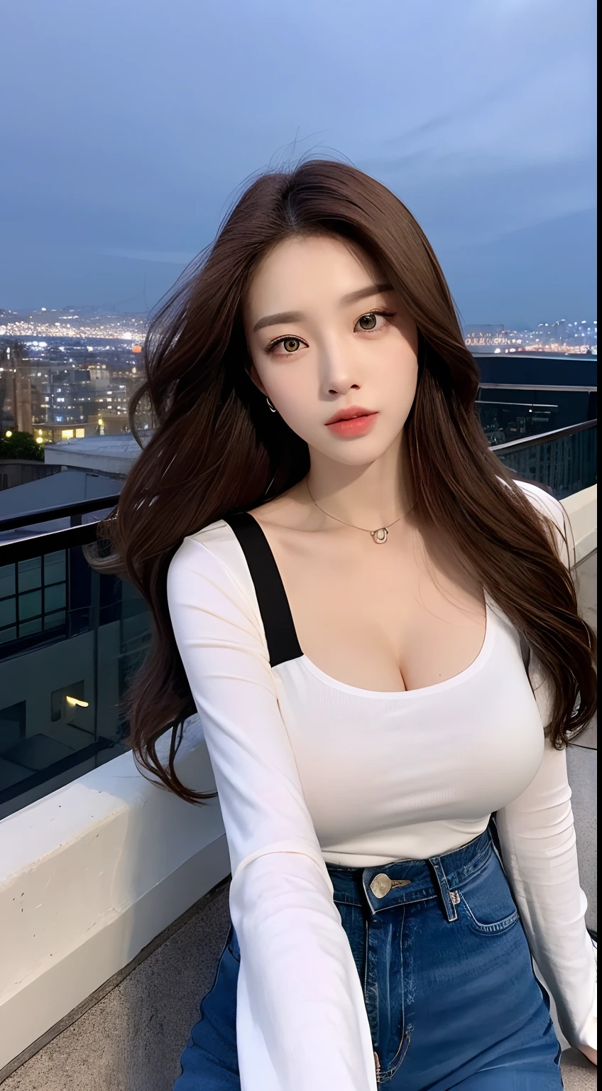 ((Midnight, Best quality, 8k, Masterpiece :1.3)), Whole body, Long legs, Sharp focus :1.2, A pretty woman with perfect figure :1.4, Slender abs :1.1, ((Dark brown hair, Big breasts :1.2)), (White tight tshirt, Jean bib, Standing:1.2), ((Night city view, Rooftop:1.3)), Highly detailed face and skin texture, Detailed eyes, Double eyelid